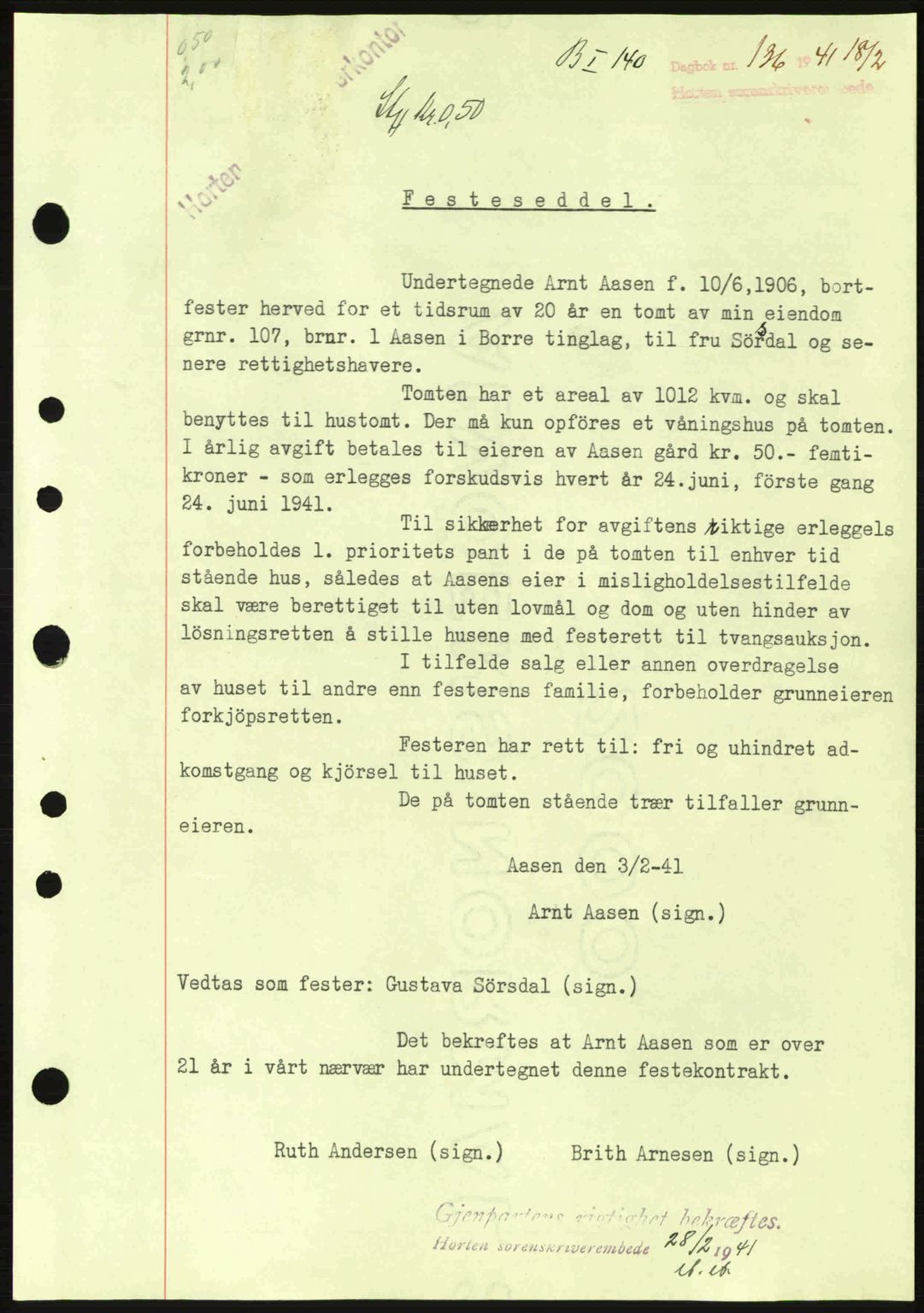 Horten sorenskriveri, SAKO/A-133/G/Ga/Gaa/L0004: Pantebok nr. A-4, 1940-1942, Dagboknr: 136/1941
