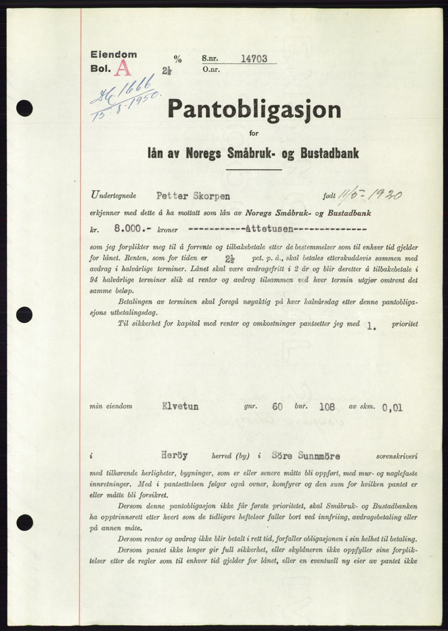 Søre Sunnmøre sorenskriveri, AV/SAT-A-4122/1/2/2C/L0119: Pantebok nr. 7B, 1950-1951, Dagboknr: 1666/1950