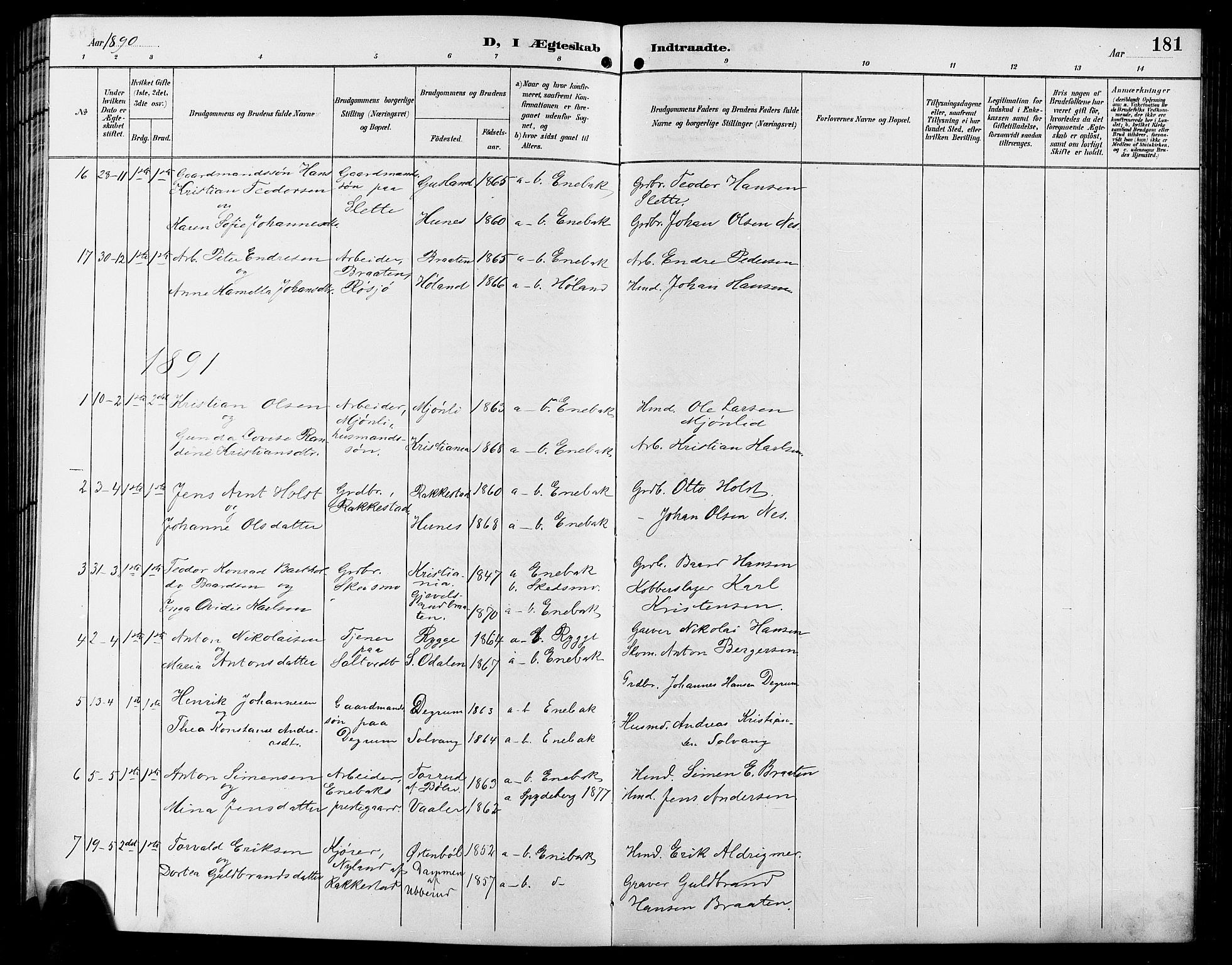 Enebakk prestekontor Kirkebøker, AV/SAO-A-10171c/G/Ga/L0006: Klokkerbok nr. I 6, 1889-1911, s. 181
