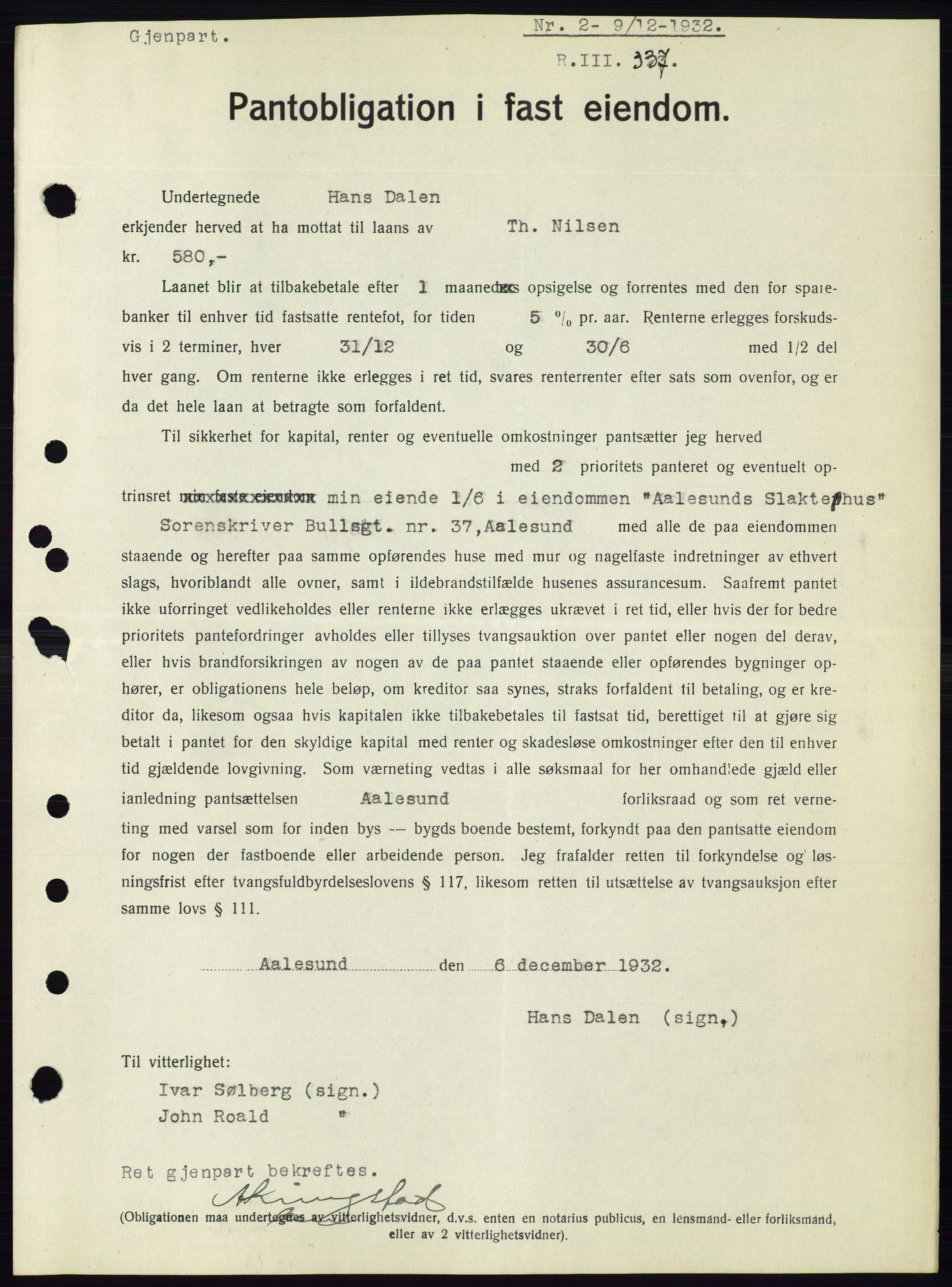 Ålesund byfogd, SAT/A-4384: Pantebok nr. 30, 1932-1933, Tingl.dato: 09.12.1932