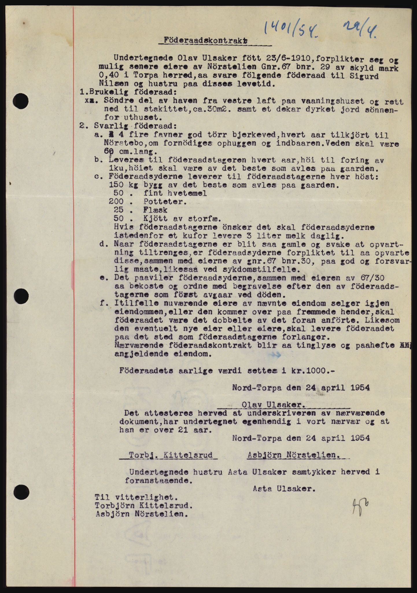 Hadeland og Land tingrett, SAH/TING-010/H/Hb/Hbc/L0029: Pantebok nr. B29, 1954-1954, Dagboknr: 1401/1954