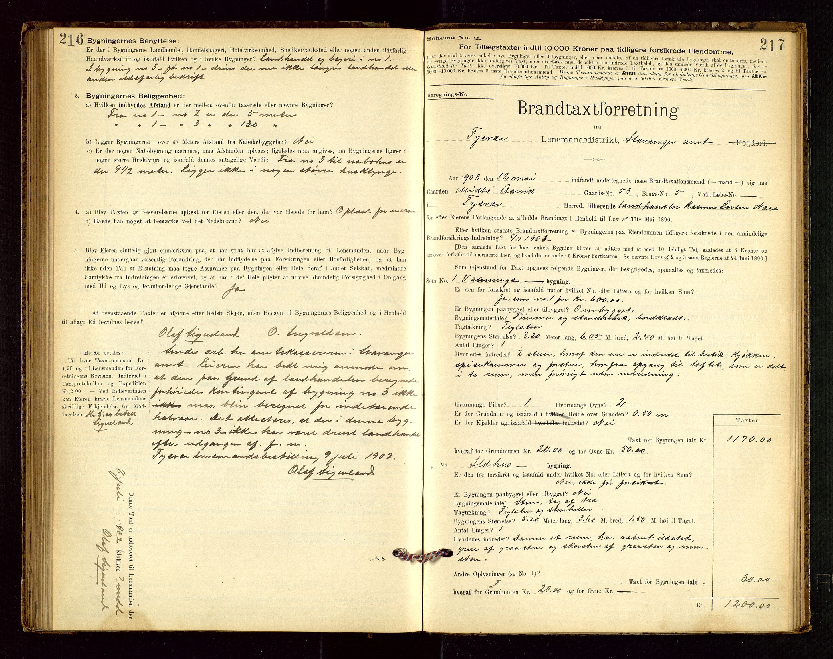 Tysvær lensmannskontor, AV/SAST-A-100192/Gob/L0001: "Brandtaxationsprotokol for Tysvær Lensmandsdistrikt Ryfylke Fogderi", 1894-1916, s. 216-217