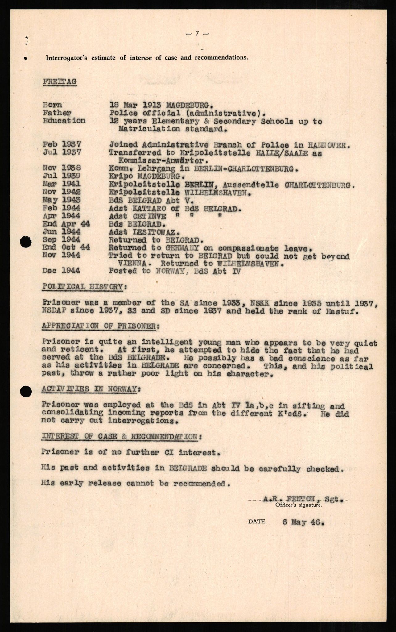 Forsvaret, Forsvarets overkommando II, AV/RA-RAFA-3915/D/Db/L0008: CI Questionaires. Tyske okkupasjonsstyrker i Norge. Tyskere., 1945-1946, s. 306