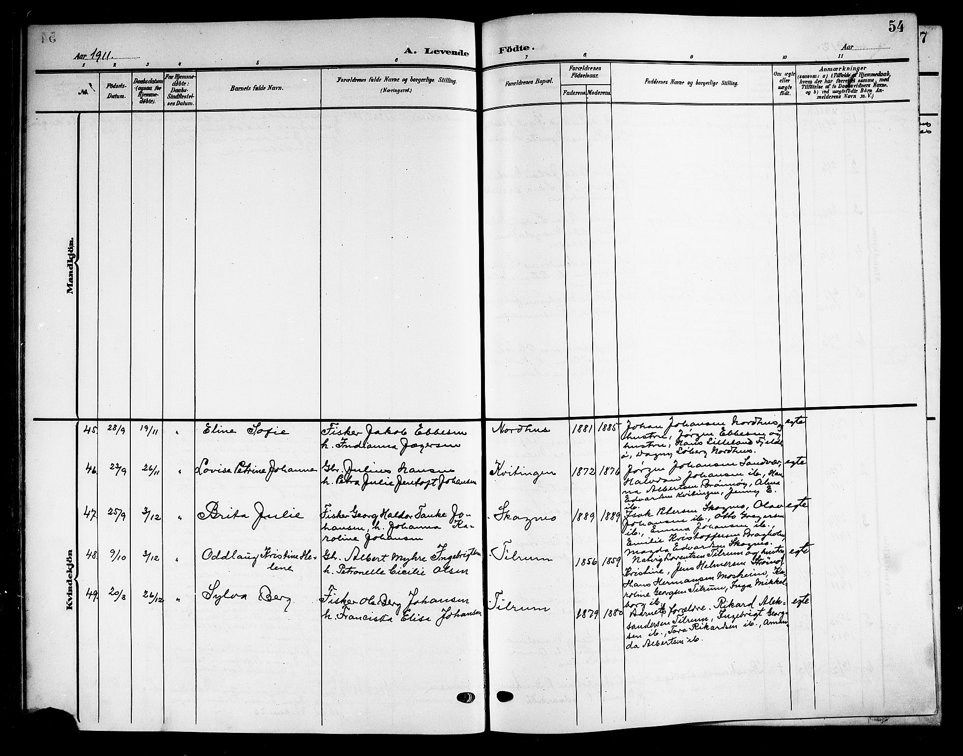 Ministerialprotokoller, klokkerbøker og fødselsregistre - Nordland, AV/SAT-A-1459/813/L0214: Klokkerbok nr. 813C06, 1904-1917, s. 54