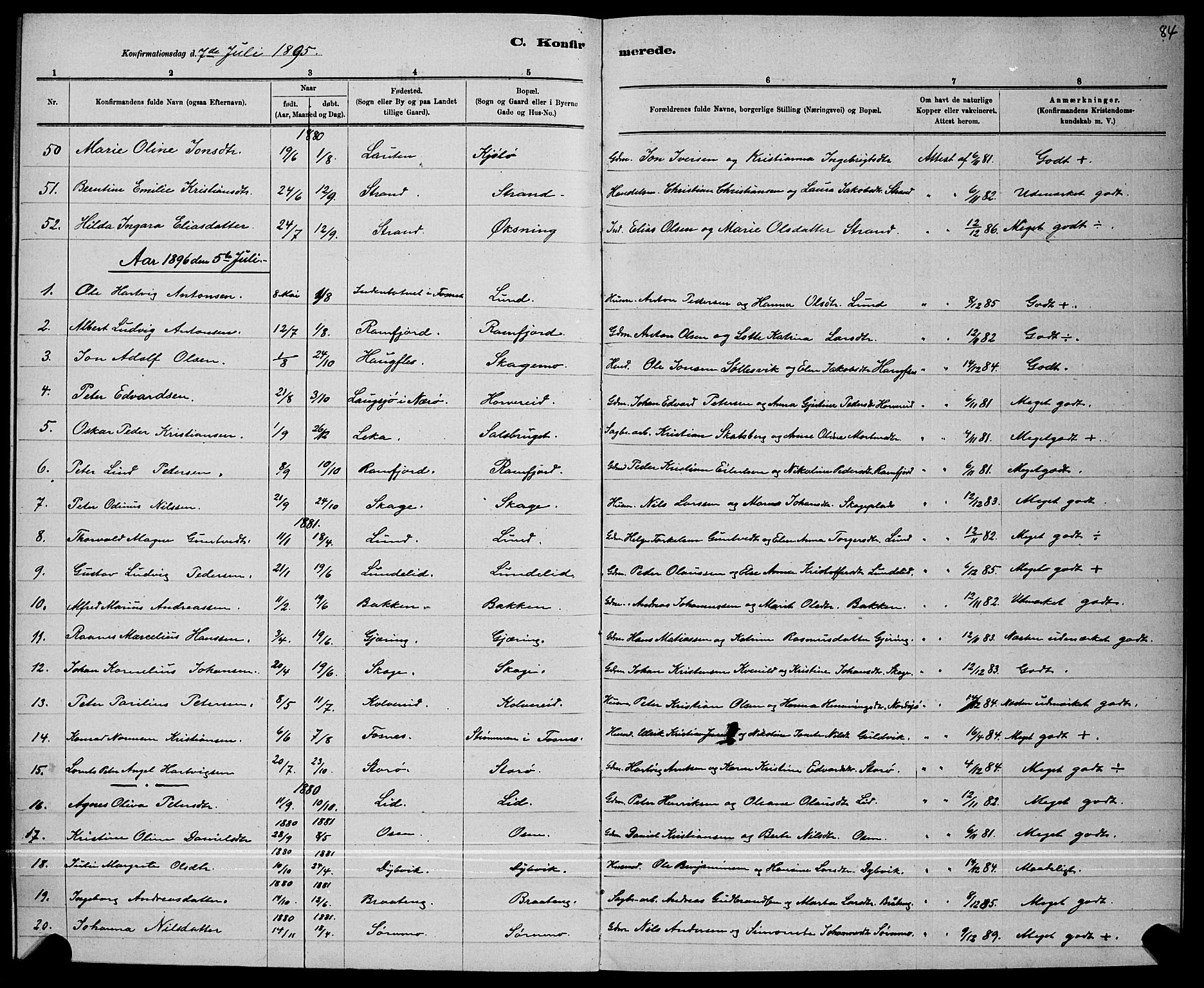 Ministerialprotokoller, klokkerbøker og fødselsregistre - Nord-Trøndelag, SAT/A-1458/780/L0651: Klokkerbok nr. 780C03, 1884-1898, s. 84