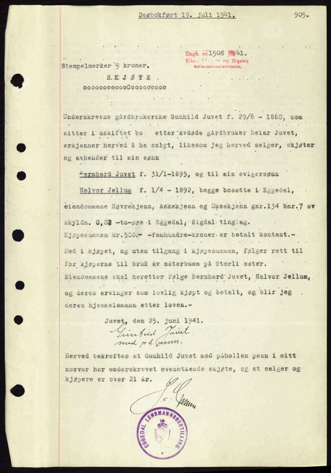 Eiker, Modum og Sigdal sorenskriveri, SAKO/A-123/G/Ga/Gab/L0043: Pantebok nr. A13, 1940-1941, Dagboknr: 1508/1941