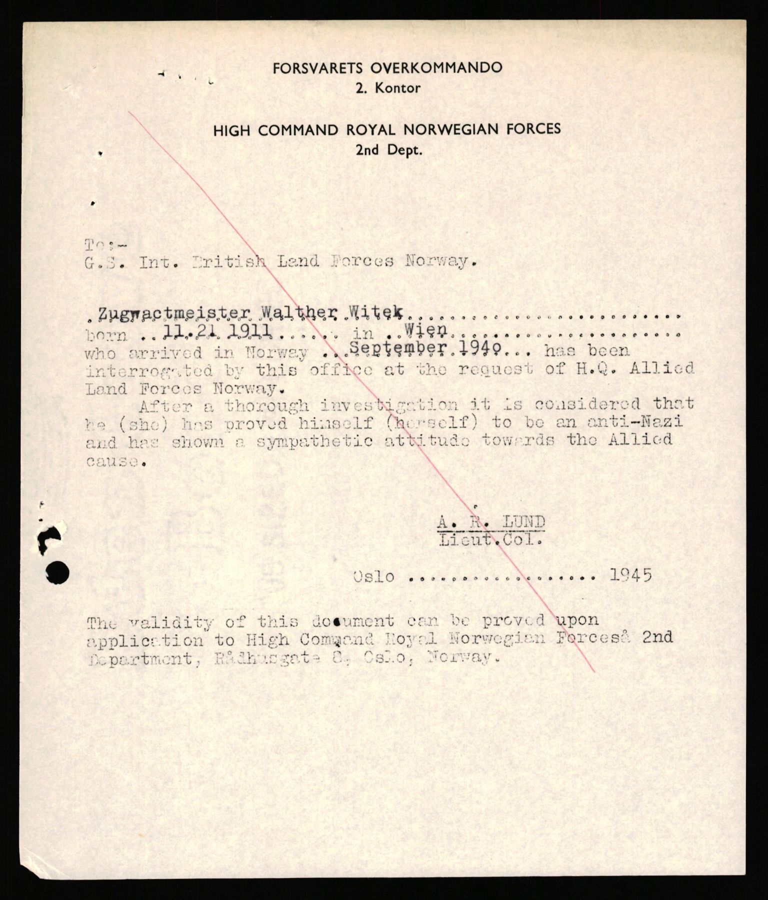 Forsvaret, Forsvarets overkommando II, RA/RAFA-3915/D/Db/L0040: CI Questionaires. Tyske okkupasjonsstyrker i Norge. Østerrikere., 1945-1946, s. 430