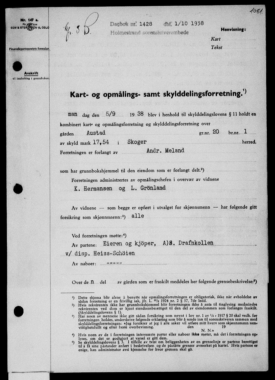 Holmestrand sorenskriveri, SAKO/A-67/G/Ga/Gaa/L0049: Pantebok nr. A-49, 1937-1938, Dagboknr: 1428/1938