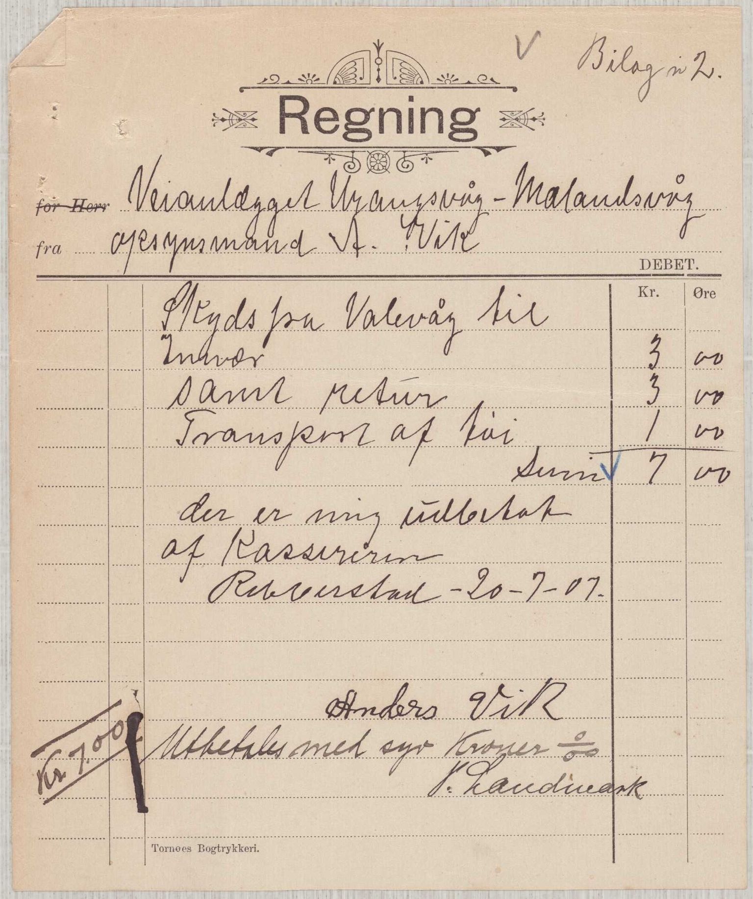 Finnaas kommune. Formannskapet, IKAH/1218a-021/E/Ea/L0002/0005: Rekneskap for veganlegg / Rekneskap for veganlegget Urangsvåg - Mælandsvåg, 1907-1909, s. 12