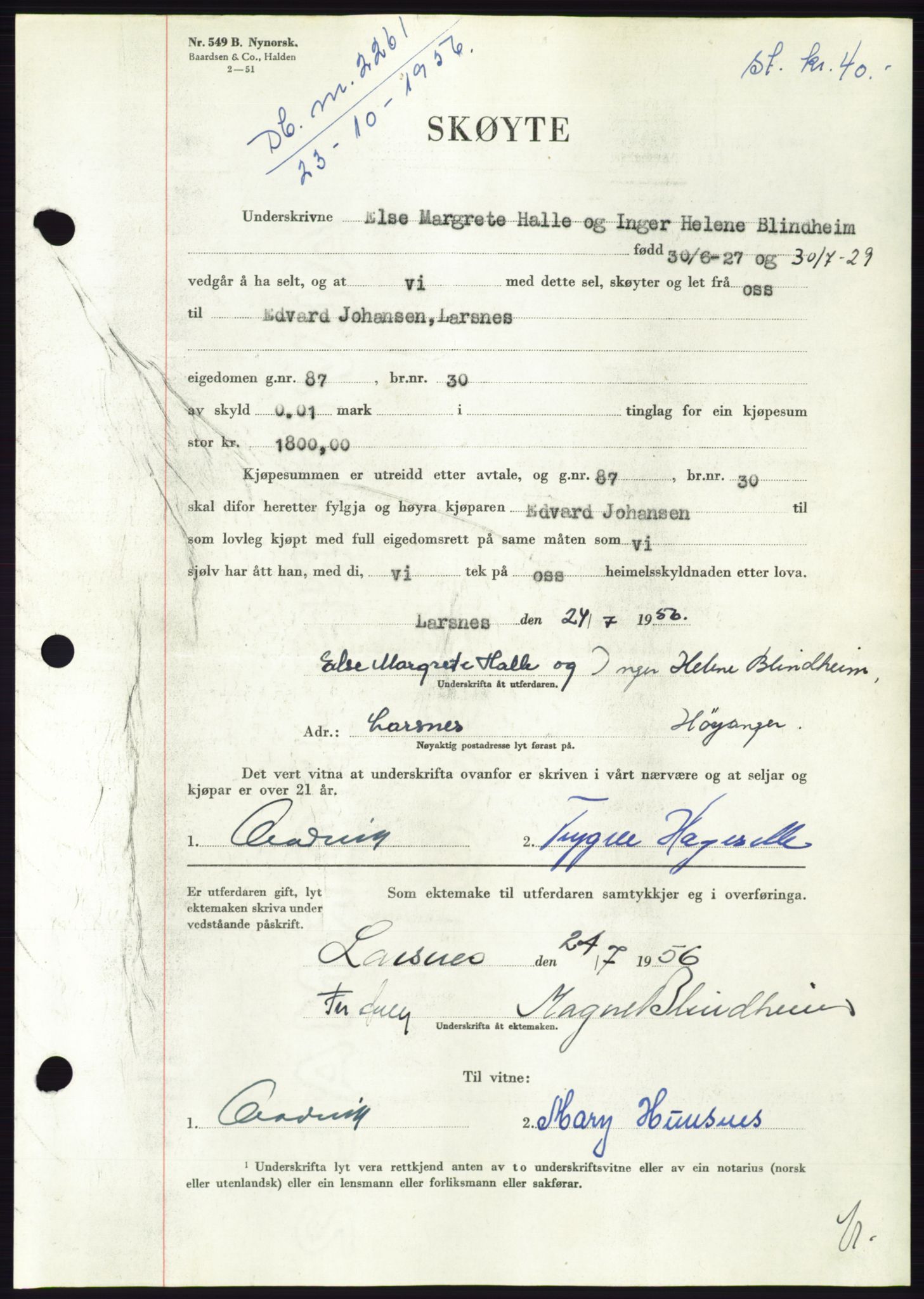 Søre Sunnmøre sorenskriveri, AV/SAT-A-4122/1/2/2C/L0104: Pantebok nr. 30A, 1956-1956, Dagboknr: 2261/1956