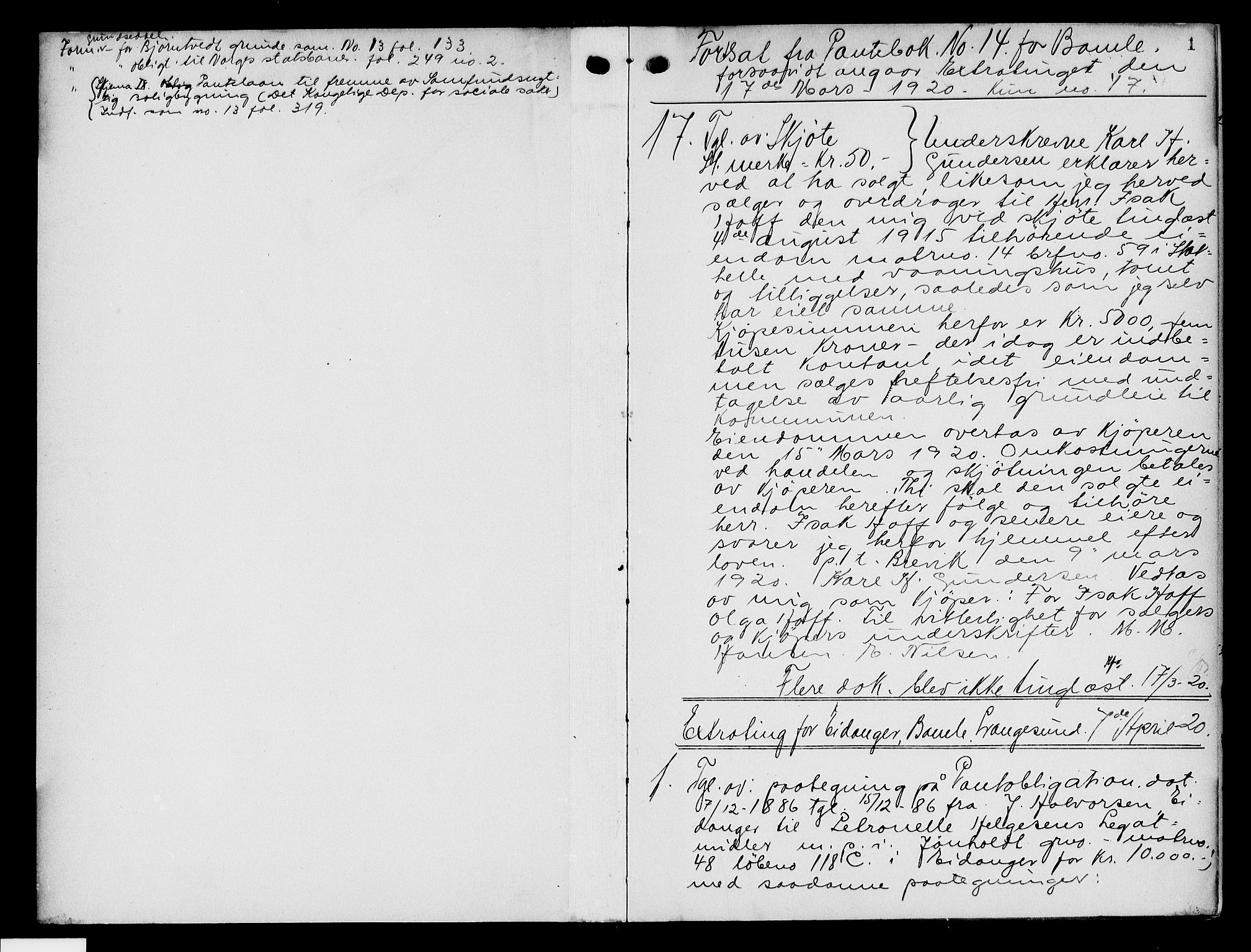 Bamble sorenskriveri, SAKO/A-214/G/Ga/Gab/L0015: Pantebok nr. II 15, 1920-1922, s. 1