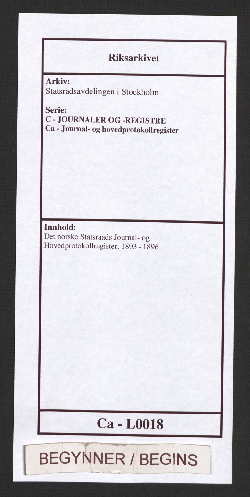 Statsrådsavdelingen i Stockholm, RA/S-1003/C/Ca/L0018: Det norske Statsraads Journal- og Hovedprotokollregister, 1893-1896