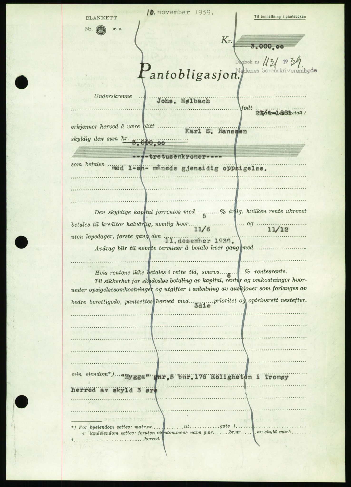 Nedenes sorenskriveri, SAK/1221-0006/G/Gb/Gbb/L0001: Pantebok nr. I, 1939-1942, Dagboknr: 1131/1939