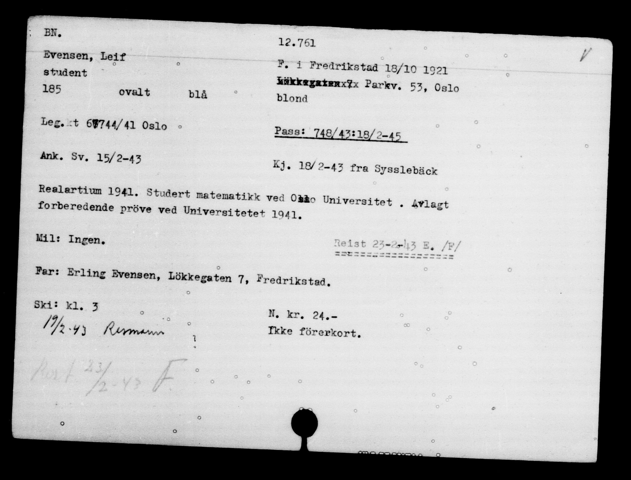 Den Kgl. Norske Legasjons Flyktningskontor, RA/S-6753/V/Va/L0007: Kjesäterkartoteket.  Flyktningenr. 12700-15723, 1940-1945, s. 71