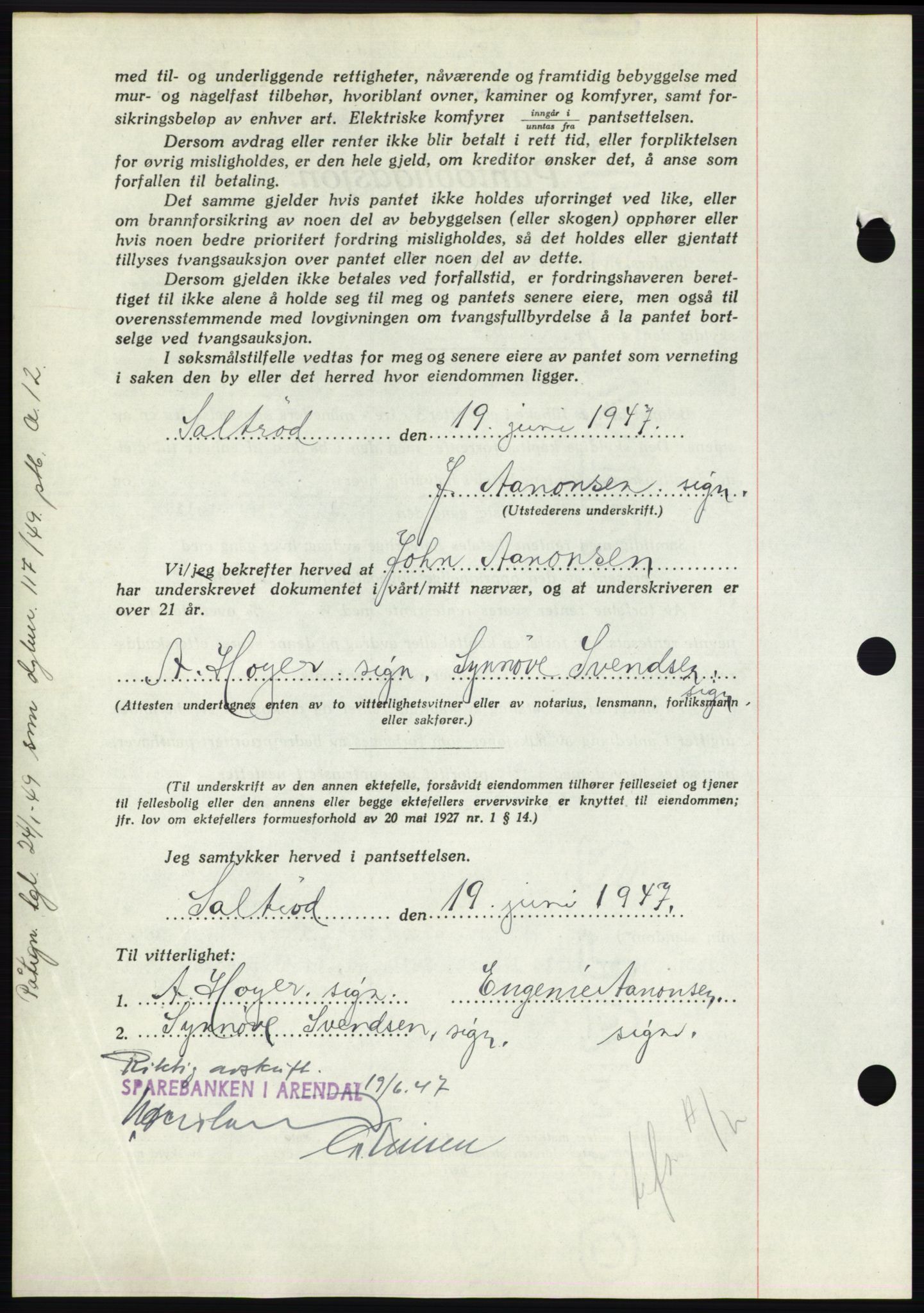 Nedenes sorenskriveri, AV/SAK-1221-0006/G/Gb/Gbb/L0004: Pantebok nr. B4, 1947-1947, Dagboknr: 789/1947