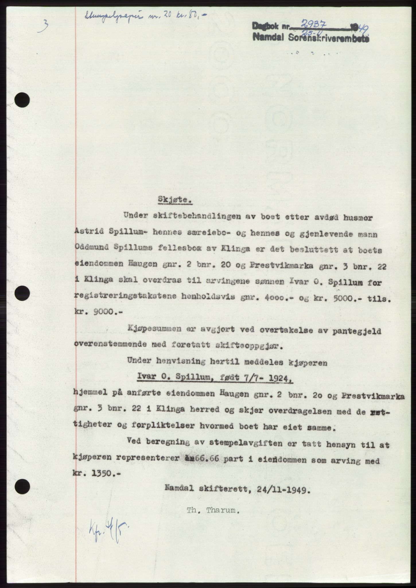 Namdal sorenskriveri, SAT/A-4133/1/2/2C: Pantebok nr. -, 1949-1949, Dagboknr: 2937/1949