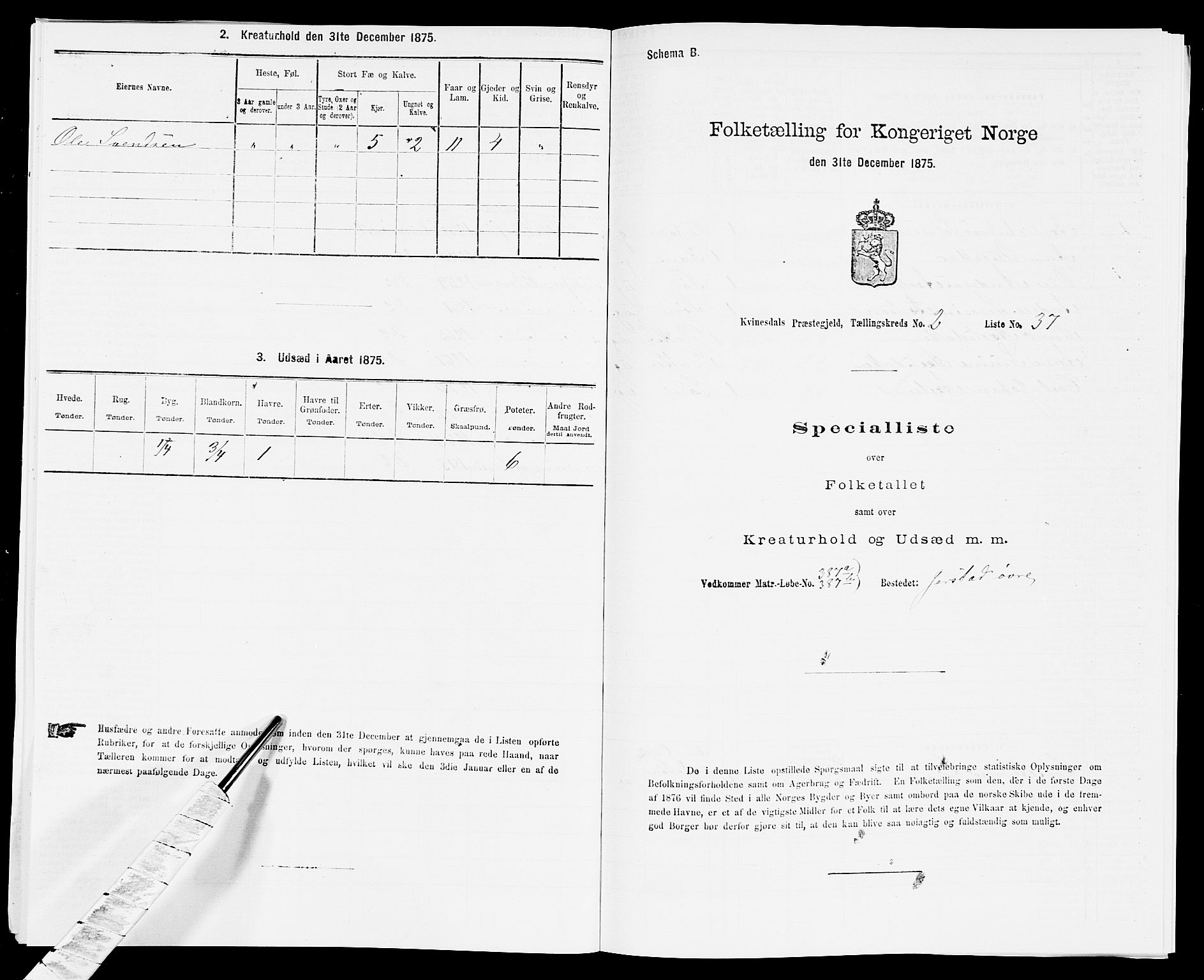 SAK, Folketelling 1875 for 1037P Kvinesdal prestegjeld, 1875, s. 345