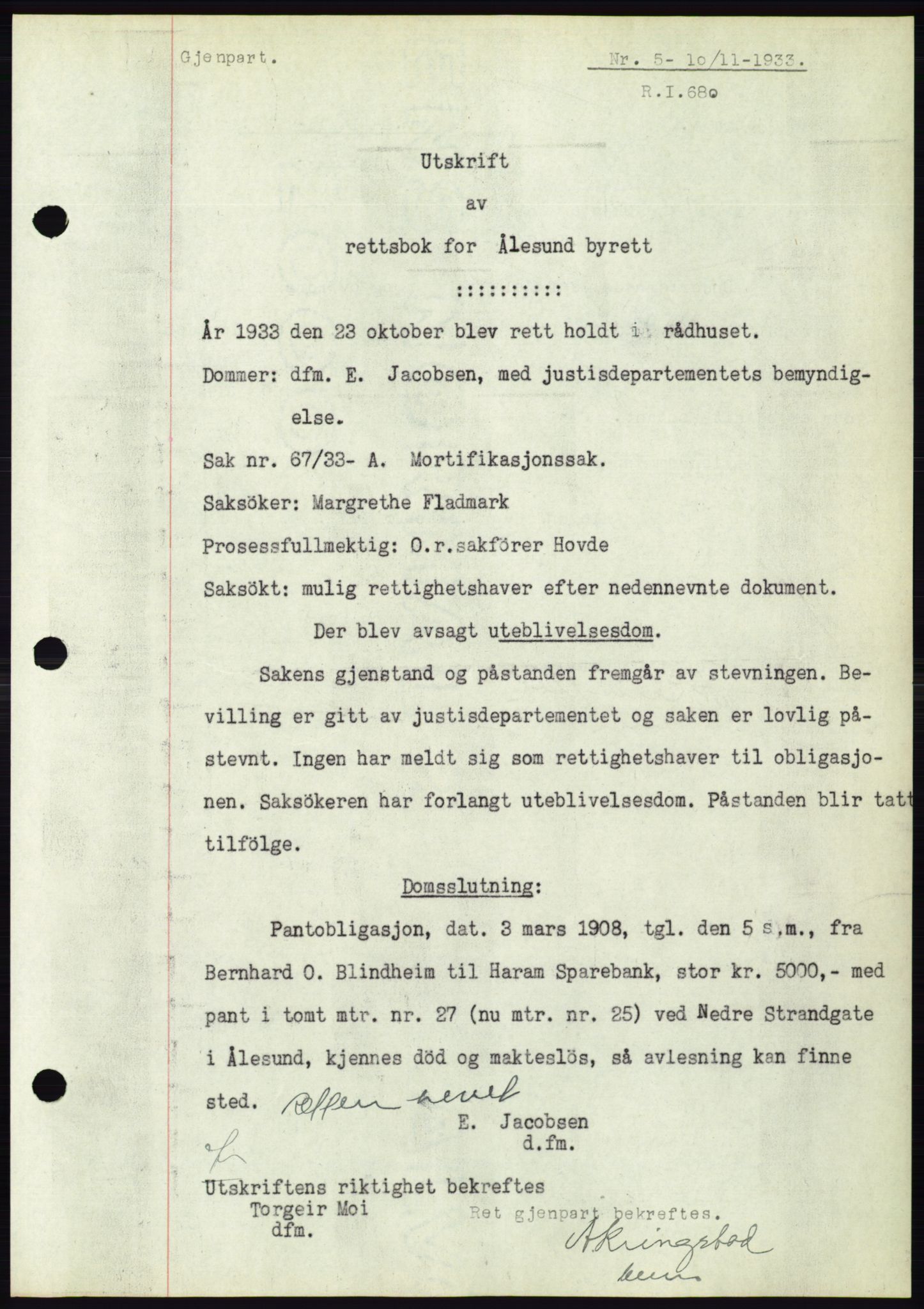 Ålesund byfogd, AV/SAT-A-4384: Pantebok nr. 31, 1933-1934, Tingl.dato: 10.11.1933