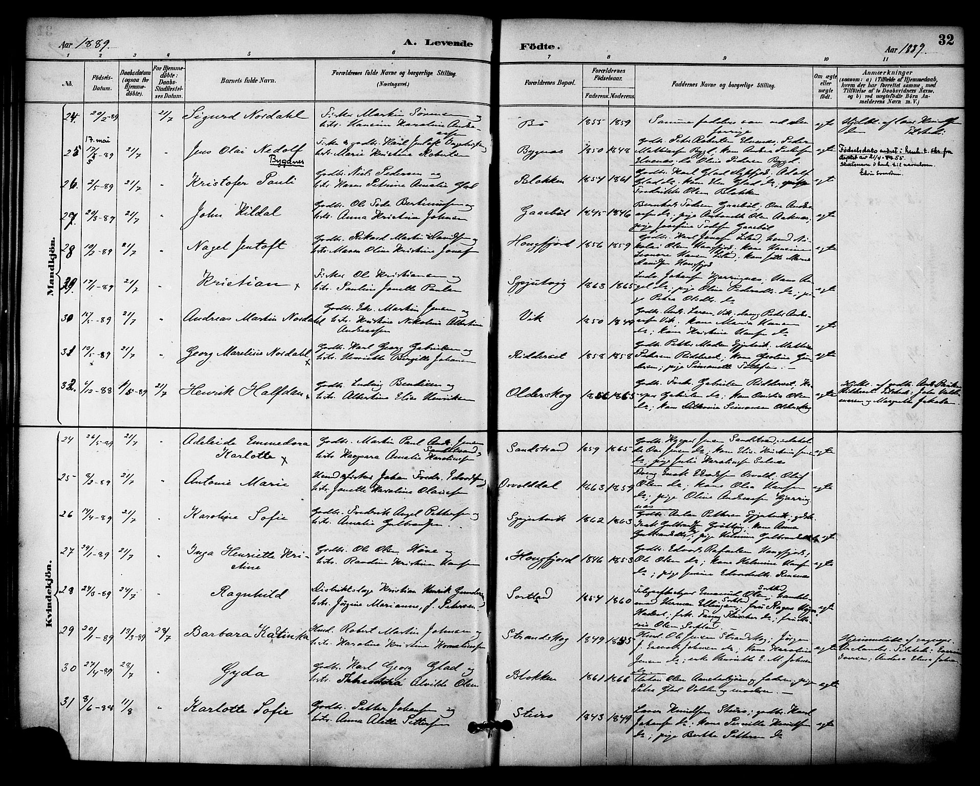 Ministerialprotokoller, klokkerbøker og fødselsregistre - Nordland, AV/SAT-A-1459/895/L1371: Ministerialbok nr. 895A06, 1885-1894, s. 32