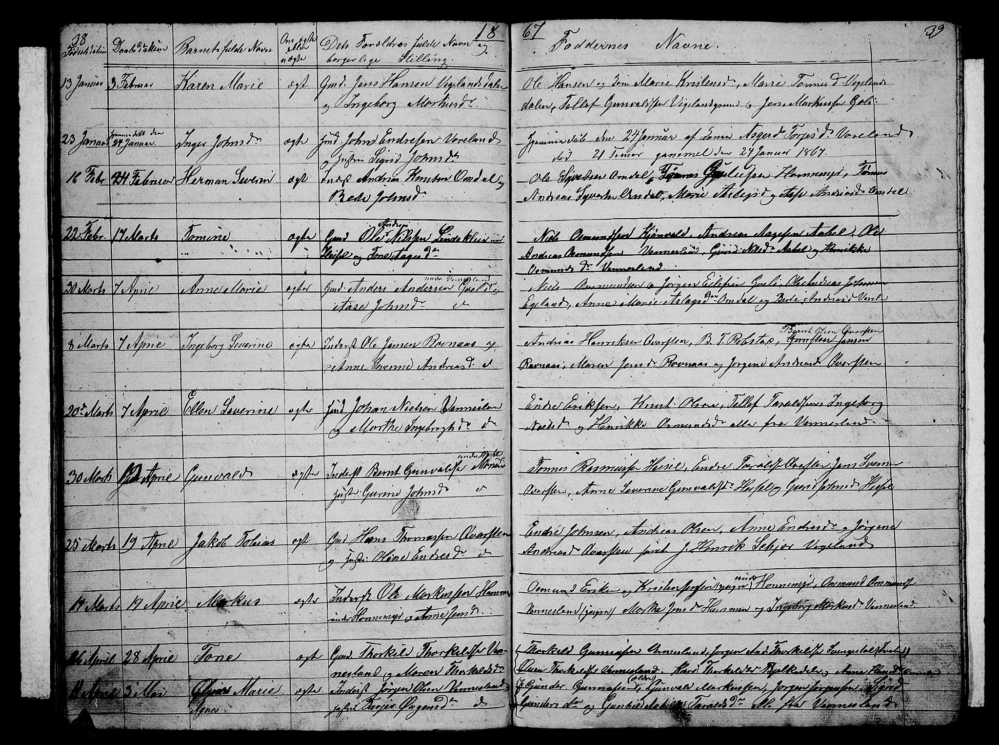 Vennesla sokneprestkontor, AV/SAK-1111-0045/Fb/Fbb/L0002: Klokkerbok nr. B 2, 1859-1879, s. 38-39