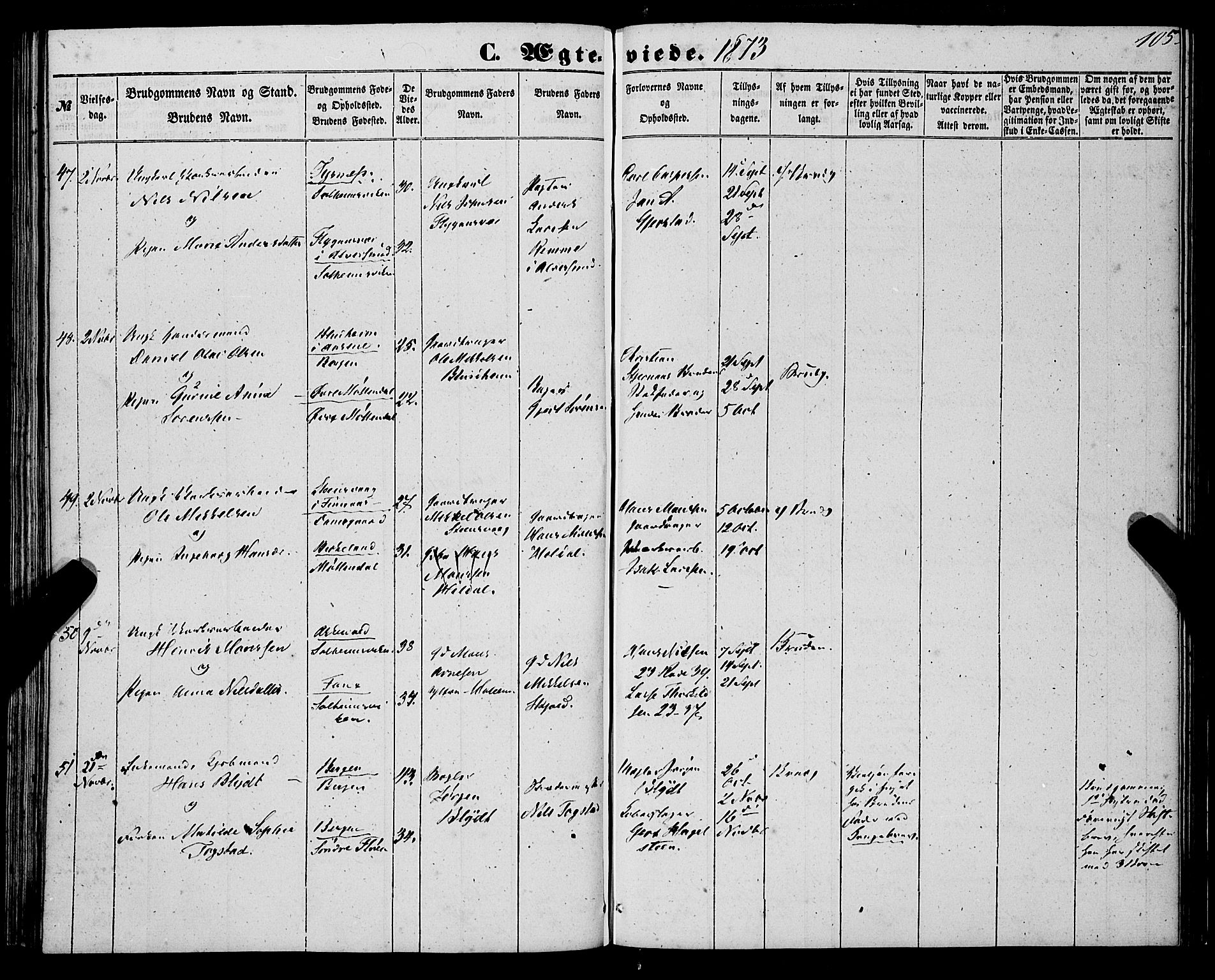 St. Jørgens hospital og Årstad sokneprestembete, AV/SAB-A-99934: Ministerialbok nr. A 9, 1853-1878, s. 105