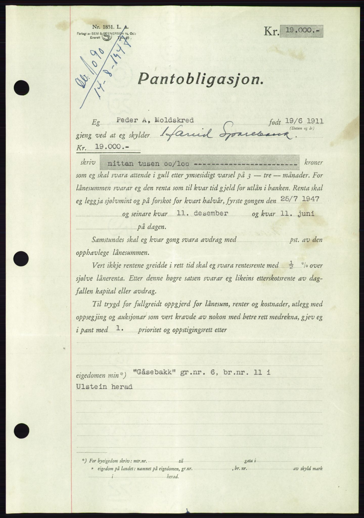 Søre Sunnmøre sorenskriveri, AV/SAT-A-4122/1/2/2C/L0115: Pantebok nr. 3B, 1947-1948, Dagboknr: 1090/1947