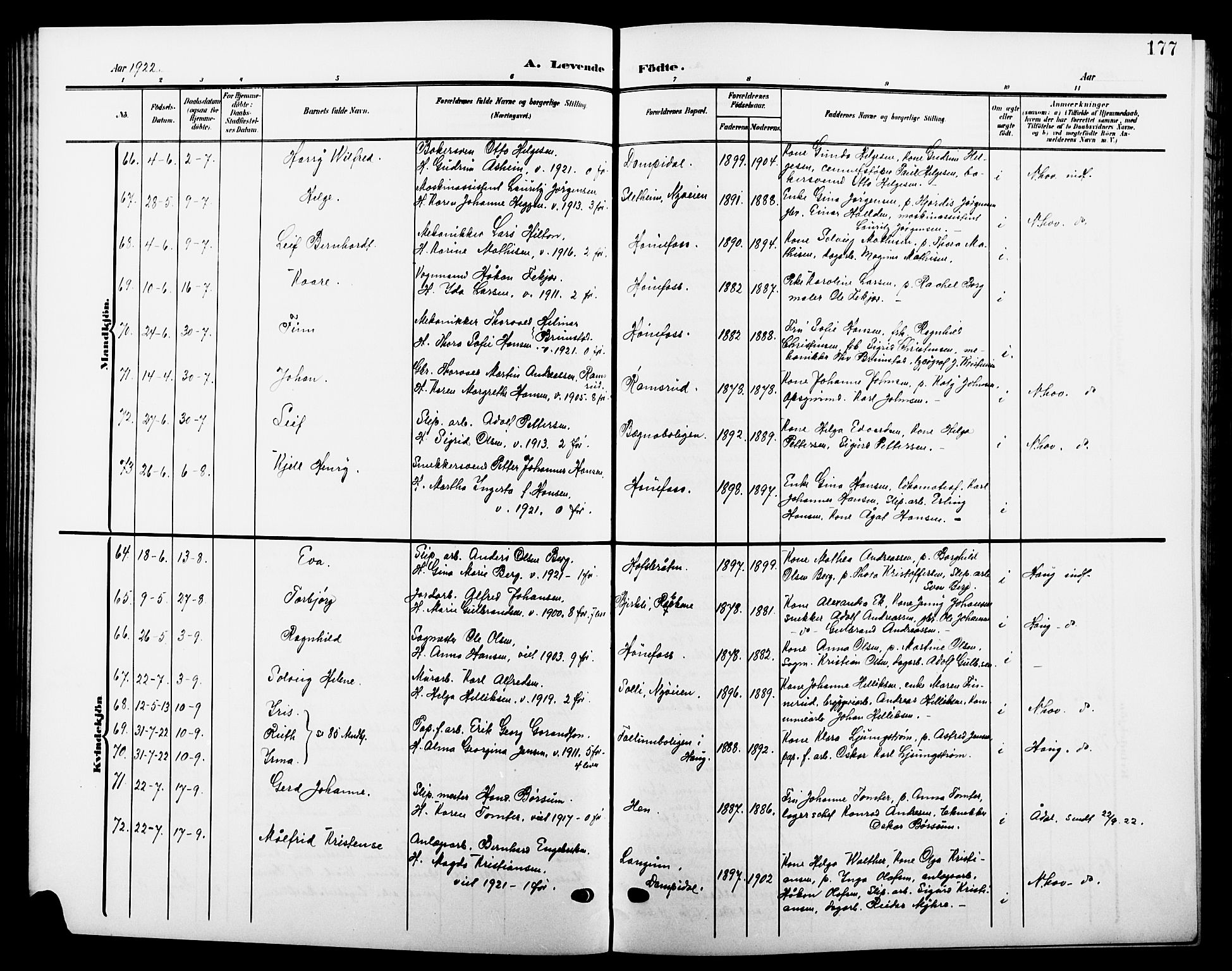 Hønefoss kirkebøker, AV/SAKO-A-609/G/Ga/L0003: Klokkerbok nr. 3, 1905-1925, s. 177
