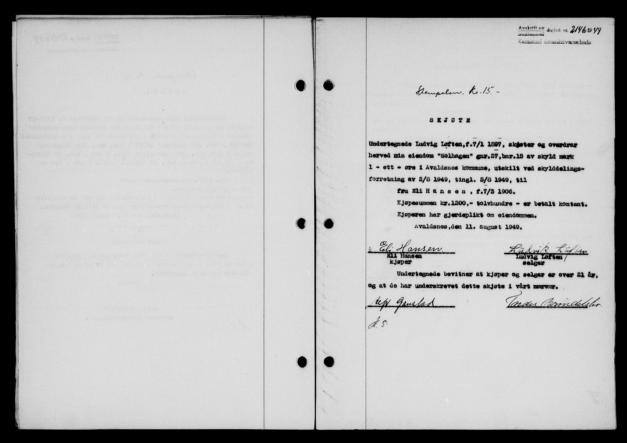 Karmsund sorenskriveri, SAST/A-100311/01/II/IIB/L0097: Pantebok nr. 77A, 1949-1949, Dagboknr: 2146/1949