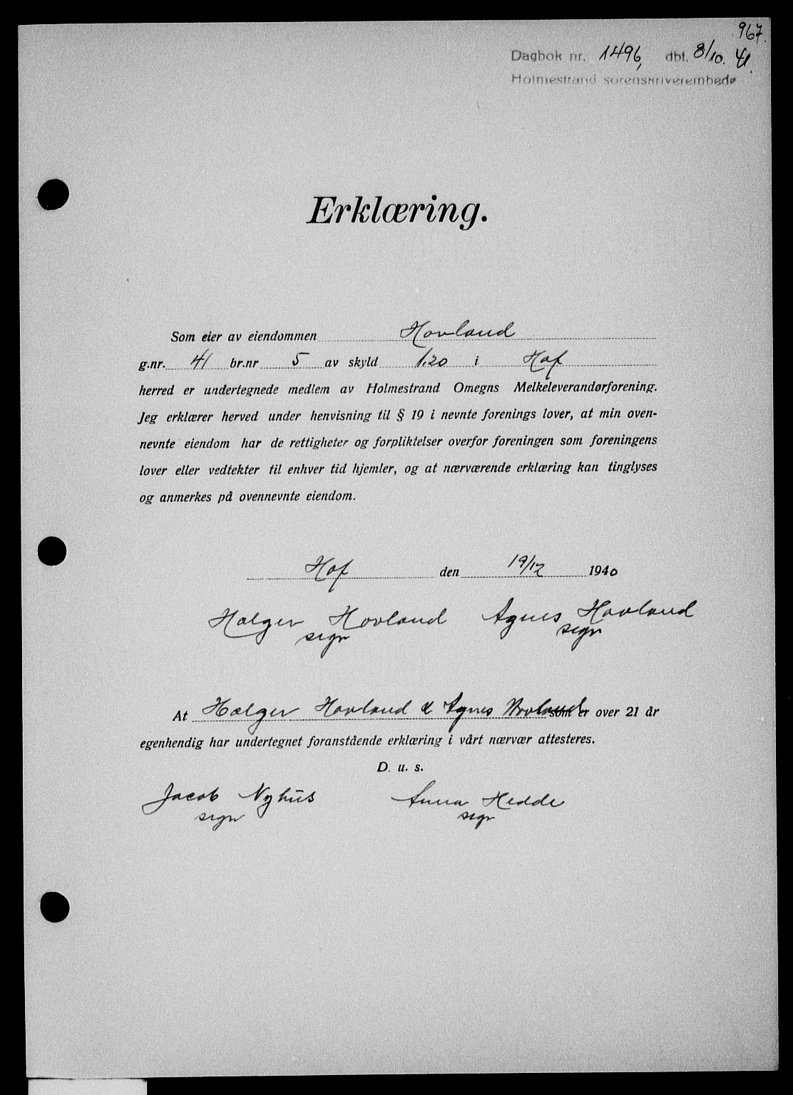 Holmestrand sorenskriveri, SAKO/A-67/G/Ga/Gaa/L0053: Pantebok nr. A-53, 1941-1941, Dagboknr: 1496/1941