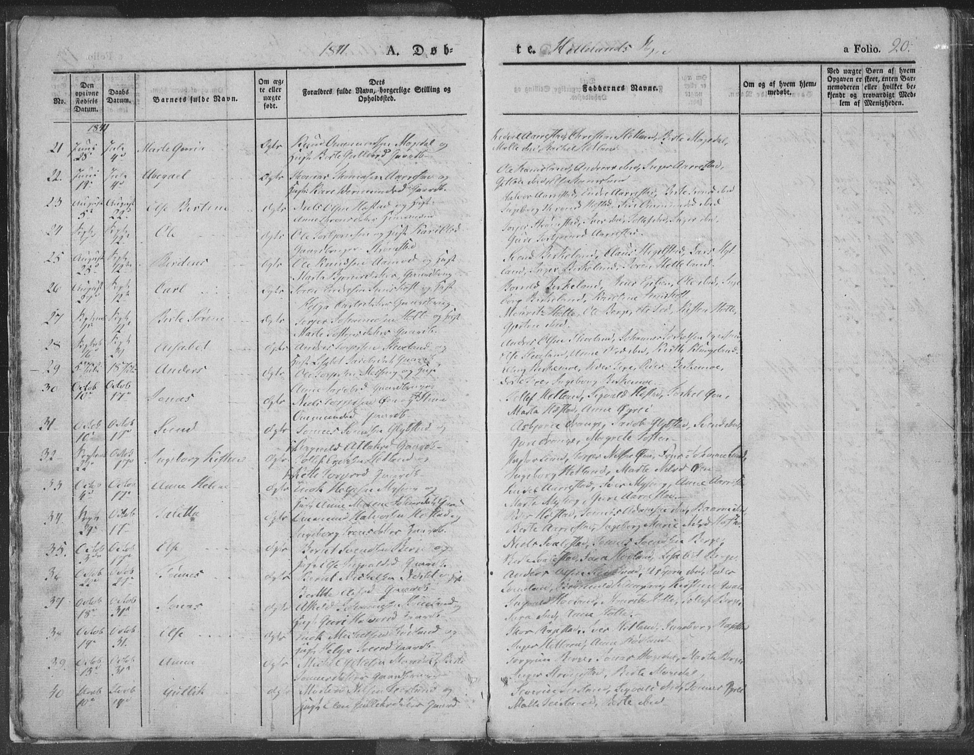 Helleland sokneprestkontor, SAST/A-101810: Ministerialbok nr. A 6.1, 1834-1863, s. 20