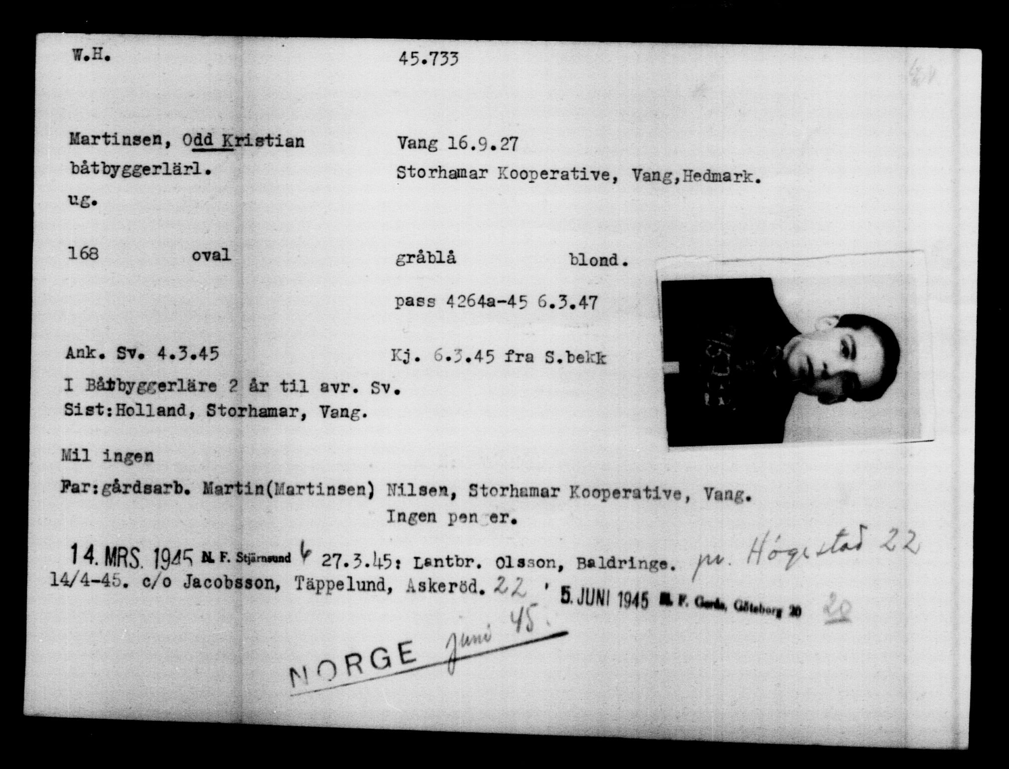 Utenriksstasjonene, Legasjonen i Stockholm, Flyktningkontoret, AV/RA-S-6753/V/Va/L0017: Kjesäterkartoteket, flyktninger med registreringsnr. 43400-46318, 1940-1945, s. 2420