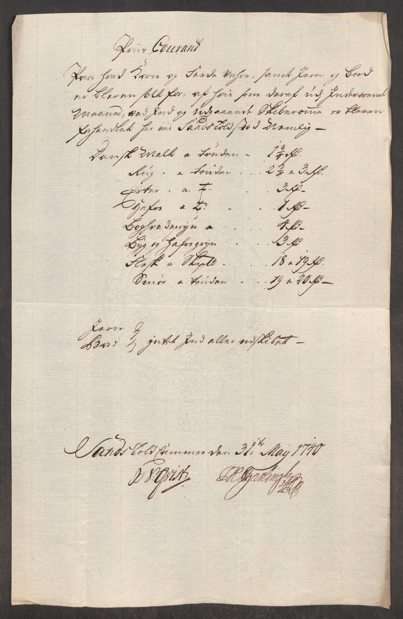 RA, Rentekammeret inntil 1814, Realistisk ordnet avdeling, Oe/L0002: [Ø1]: Priskuranter, 1740-1744, s. 53