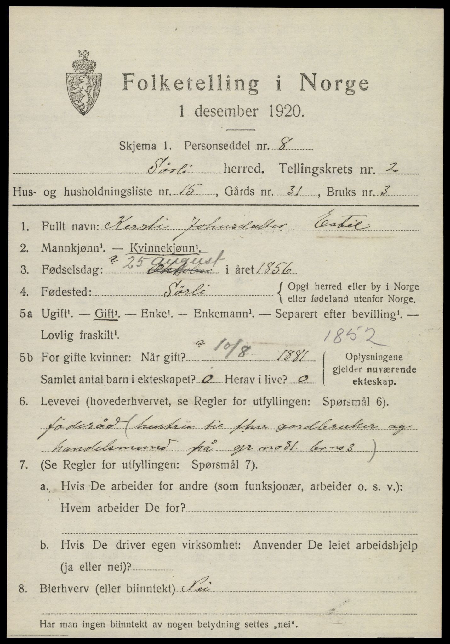 SAT, Folketelling 1920 for 1737 Sørli herred, 1920, s. 1039