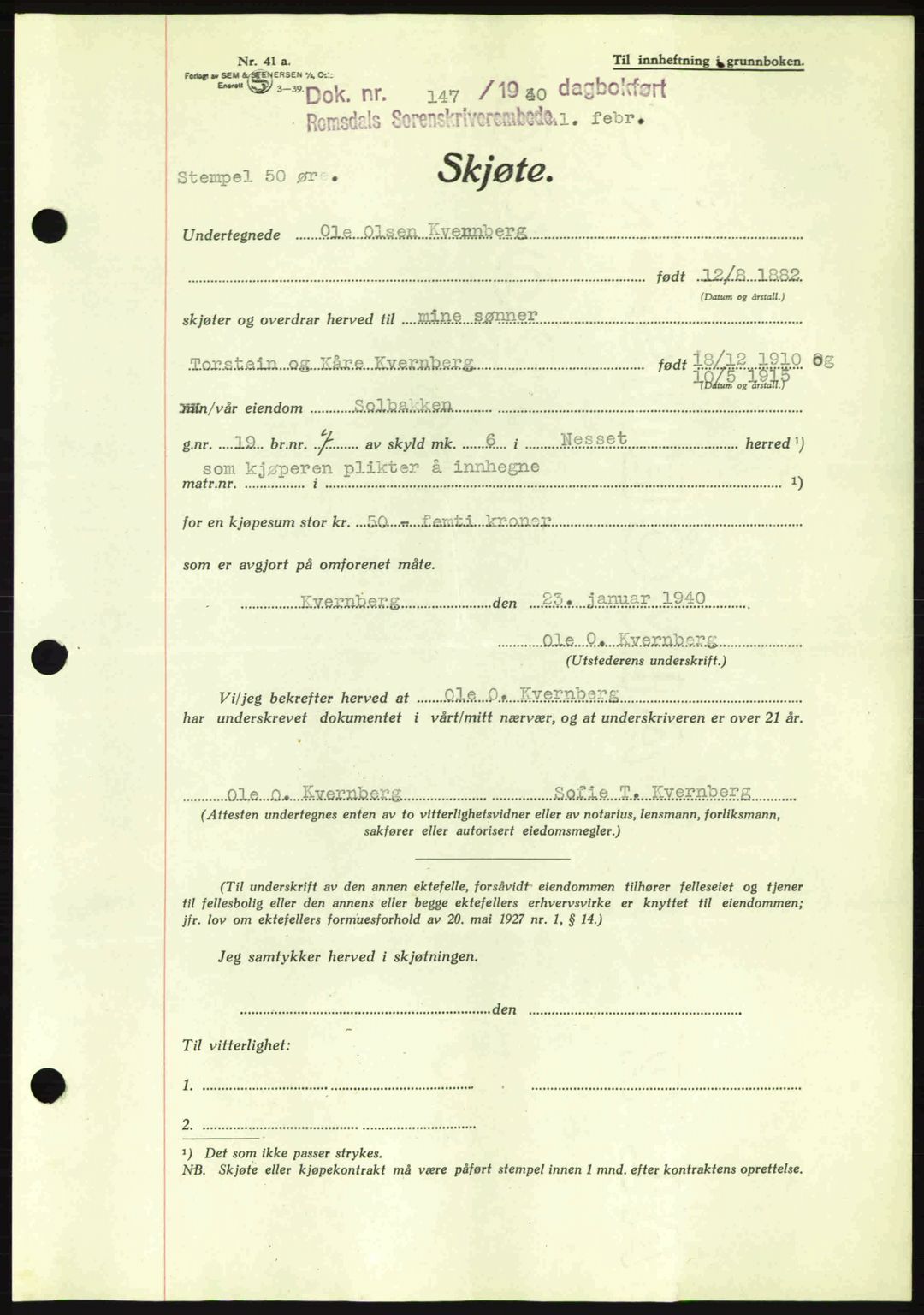 Romsdal sorenskriveri, AV/SAT-A-4149/1/2/2C: Pantebok nr. A8, 1939-1940, Dagboknr: 147/1940