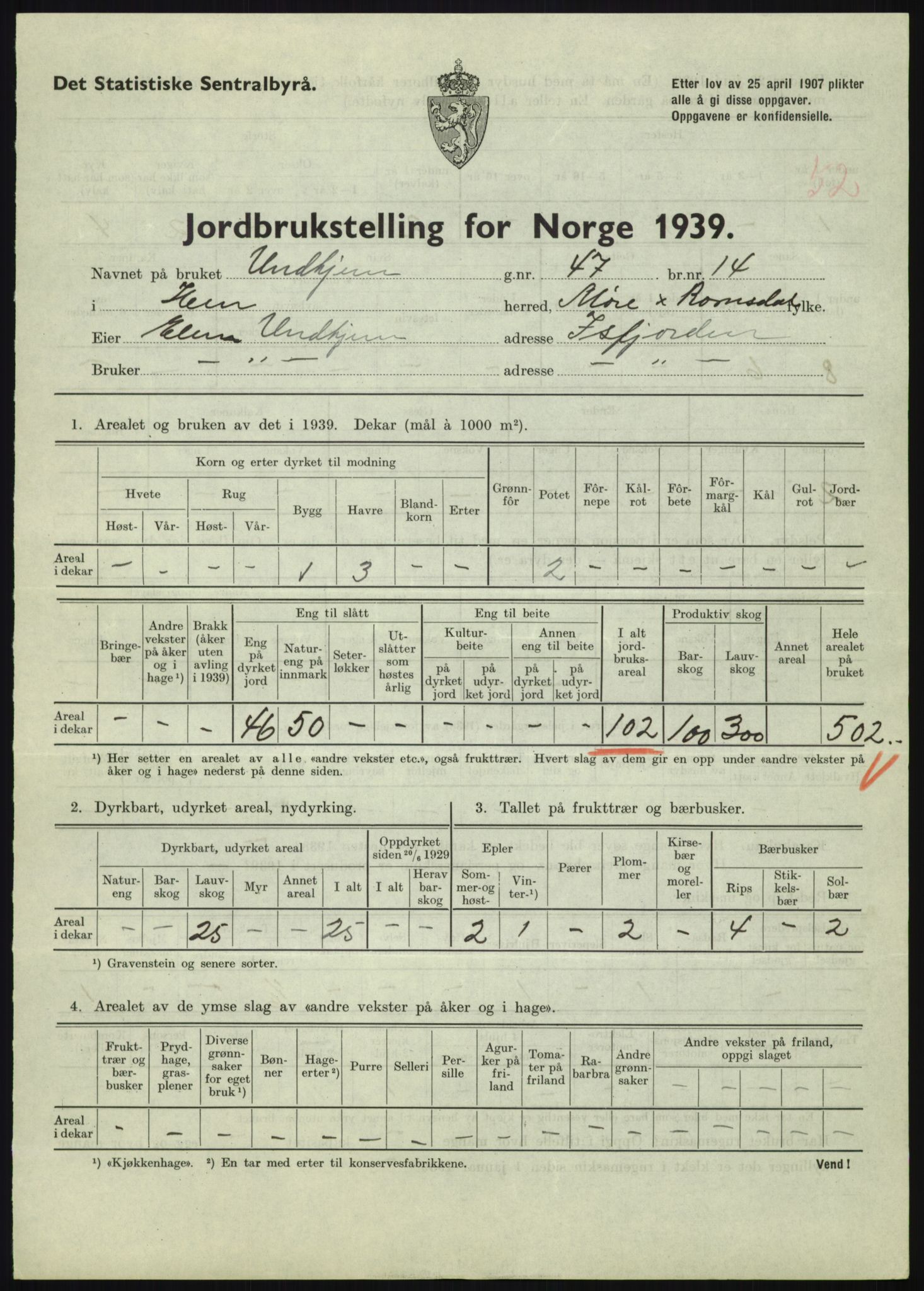 Statistisk sentralbyrå, Næringsøkonomiske emner, Jordbruk, skogbruk, jakt, fiske og fangst, AV/RA-S-2234/G/Gb/L0251: Møre og Romsdal: Voll, Eid, Grytten og Hen, 1939, s. 1435