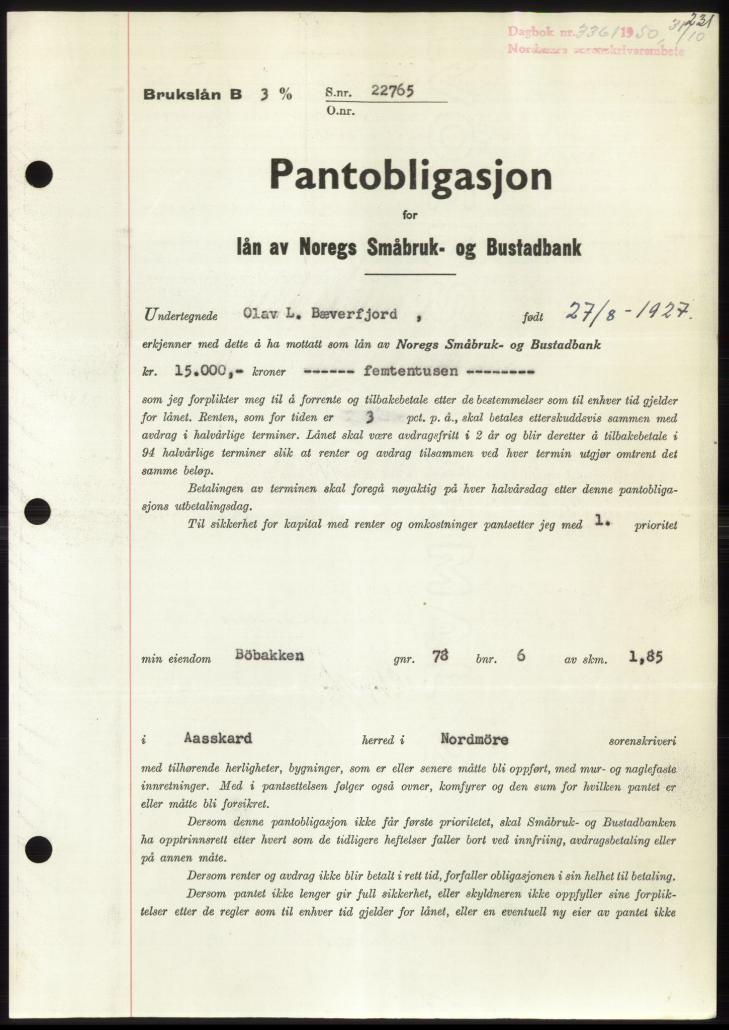 Nordmøre sorenskriveri, SAT/A-4132/1/2/2Ca: Pantebok nr. B106, 1950-1950, Dagboknr: 3361/1950