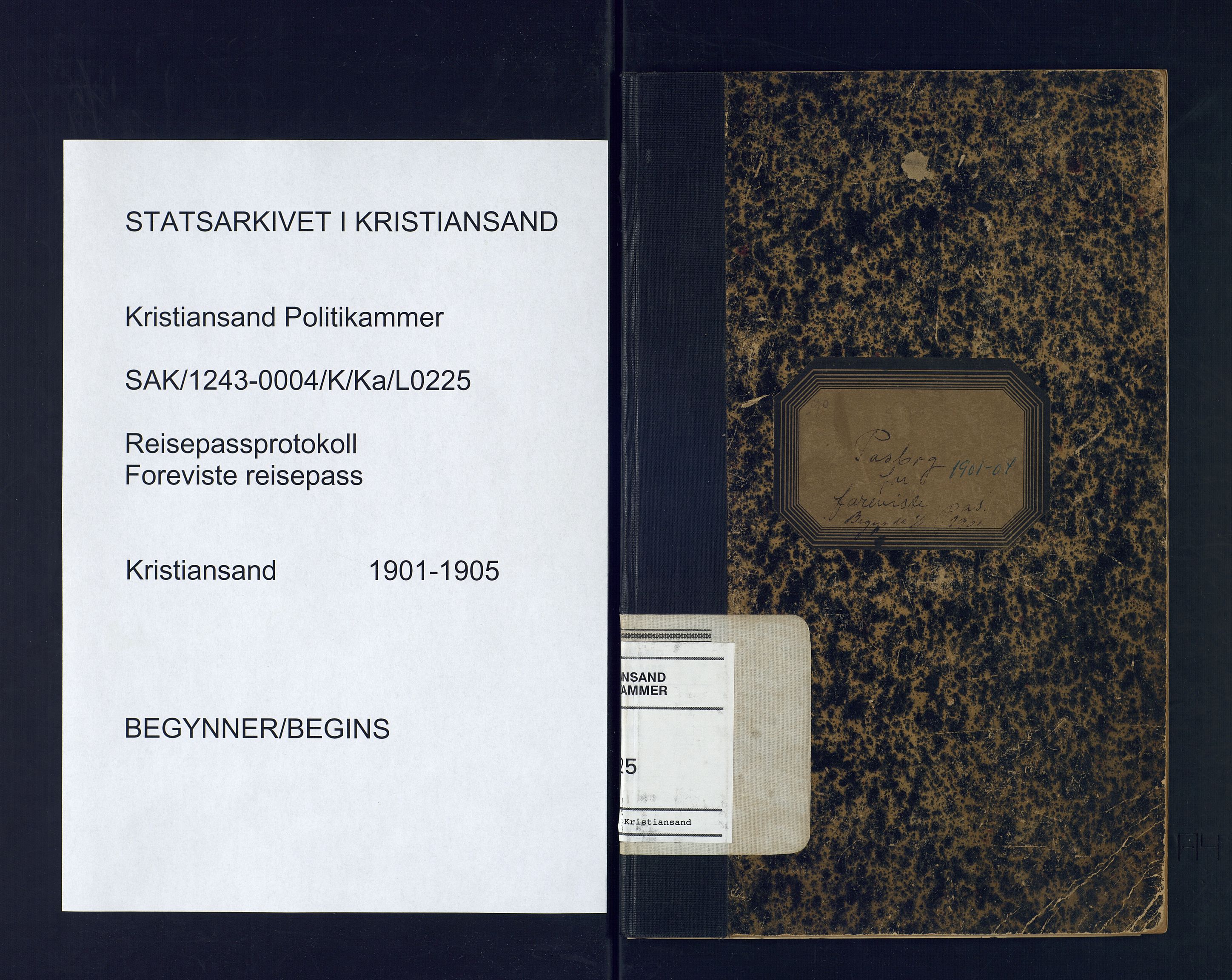 Kristiansand politikammer, SAK/1243-0004/K/Ka/L0225: Passprotokoll foreviste reisepass, 1901-1905, s. 1