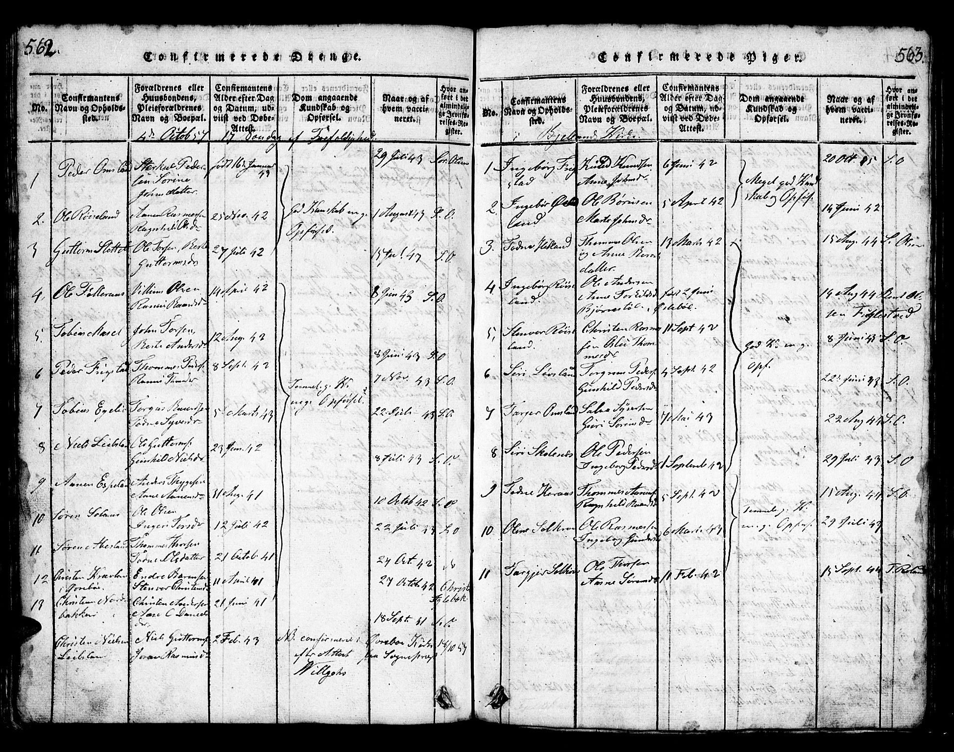 Bjelland sokneprestkontor, AV/SAK-1111-0005/F/Fb/Fbb/L0003: Klokkerbok nr. B 3, 1816-1868, s. 562-563