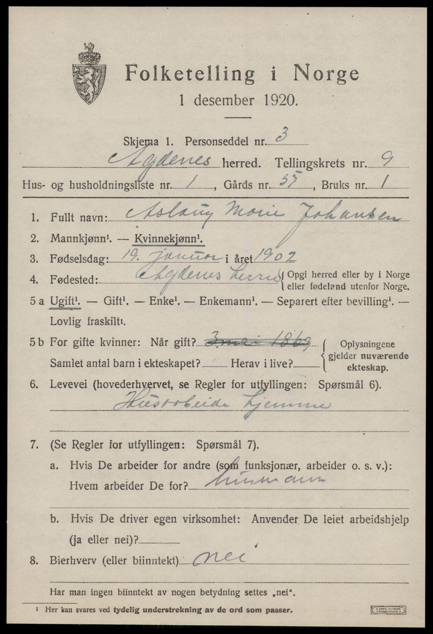 SAT, Folketelling 1920 for 1622 Agdenes herred, 1920, s. 3063