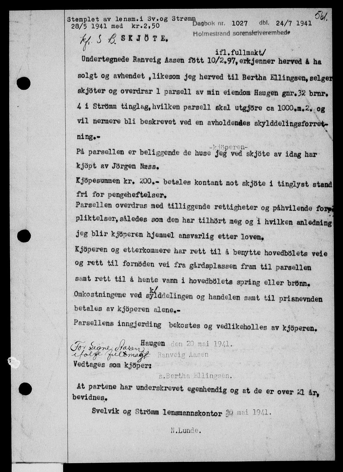 Holmestrand sorenskriveri, SAKO/A-67/G/Ga/Gaa/L0053: Pantebok nr. A-53, 1941-1941, Dagboknr: 1027/1941