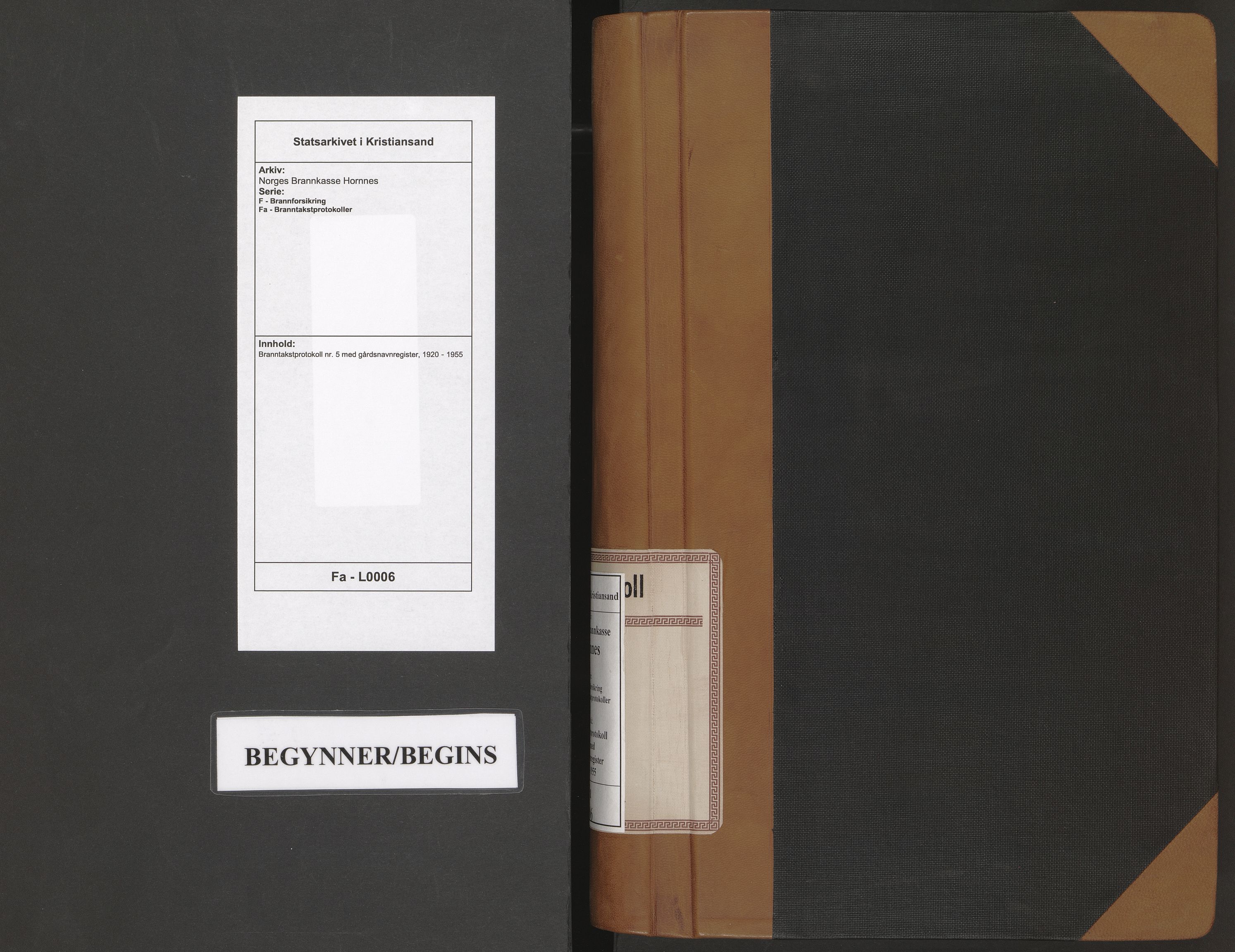 Norges Brannkasse Hornnes, SAK/2241-0026/F/Fa/L0006: Branntakstprotokoll nr. 5 med gårdsnavnregister, 1920-1955