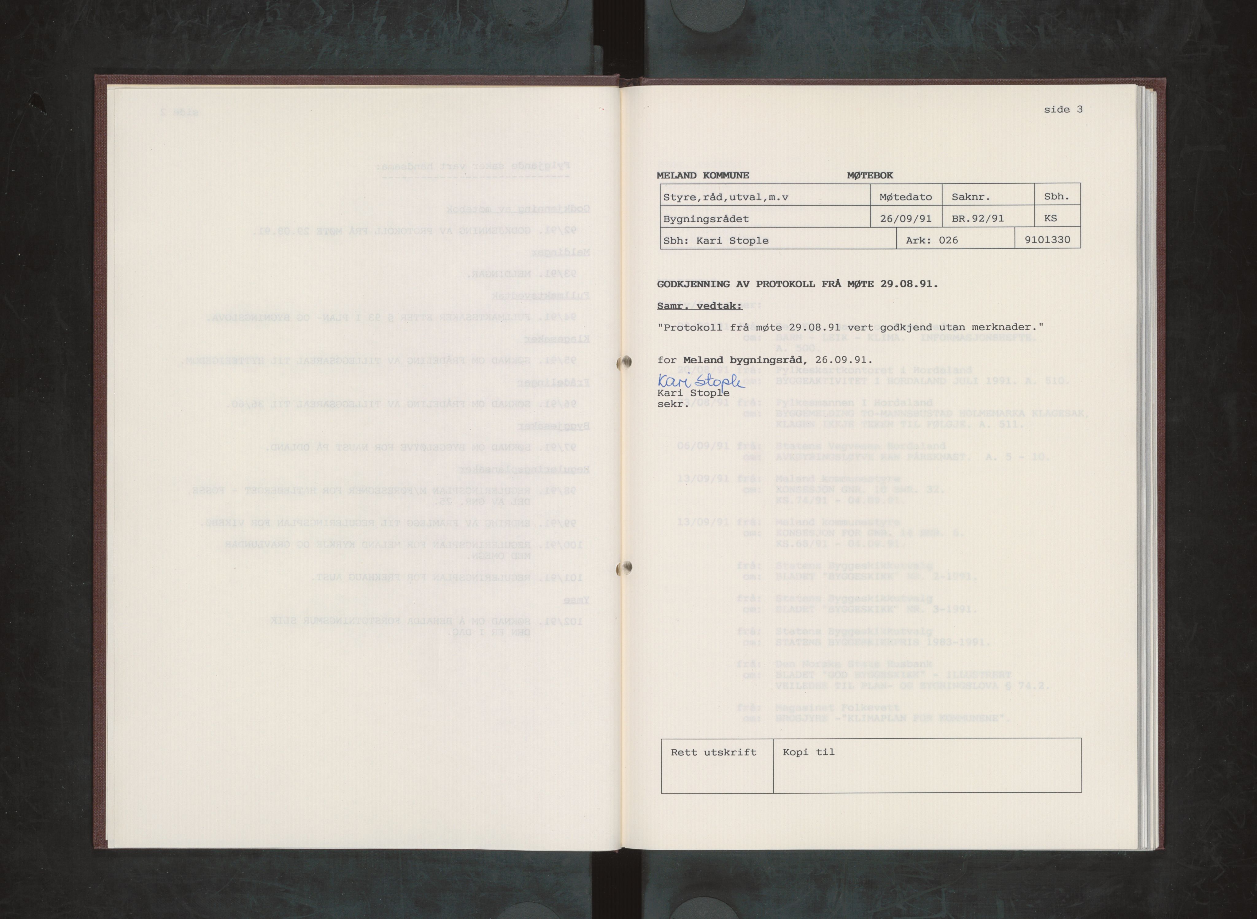 Meland kommune. Bygningsrådet , IKAH/1256-511/A/Aa/L0017: Møtebok for Meland bygningsråd, 1991