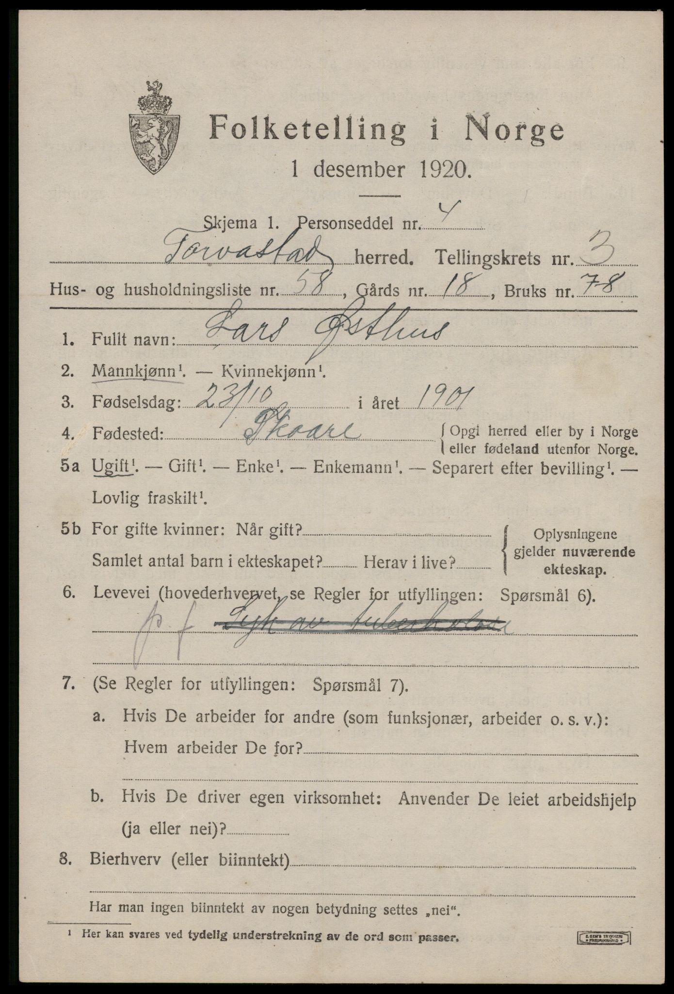 SAST, Folketelling 1920 for 1152 Torvastad herred, 1920, s. 3596