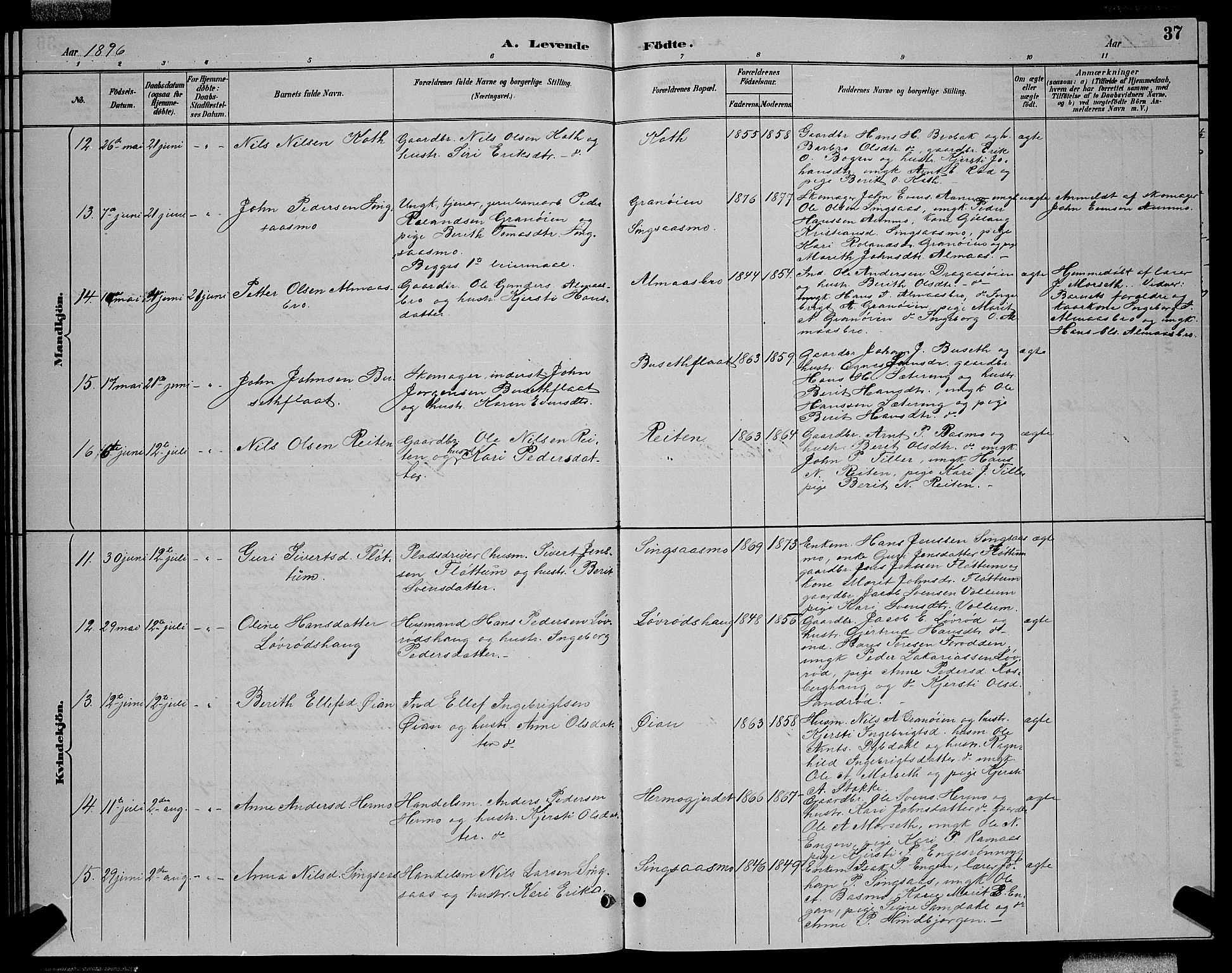 Ministerialprotokoller, klokkerbøker og fødselsregistre - Sør-Trøndelag, SAT/A-1456/688/L1028: Klokkerbok nr. 688C03, 1889-1899, s. 37