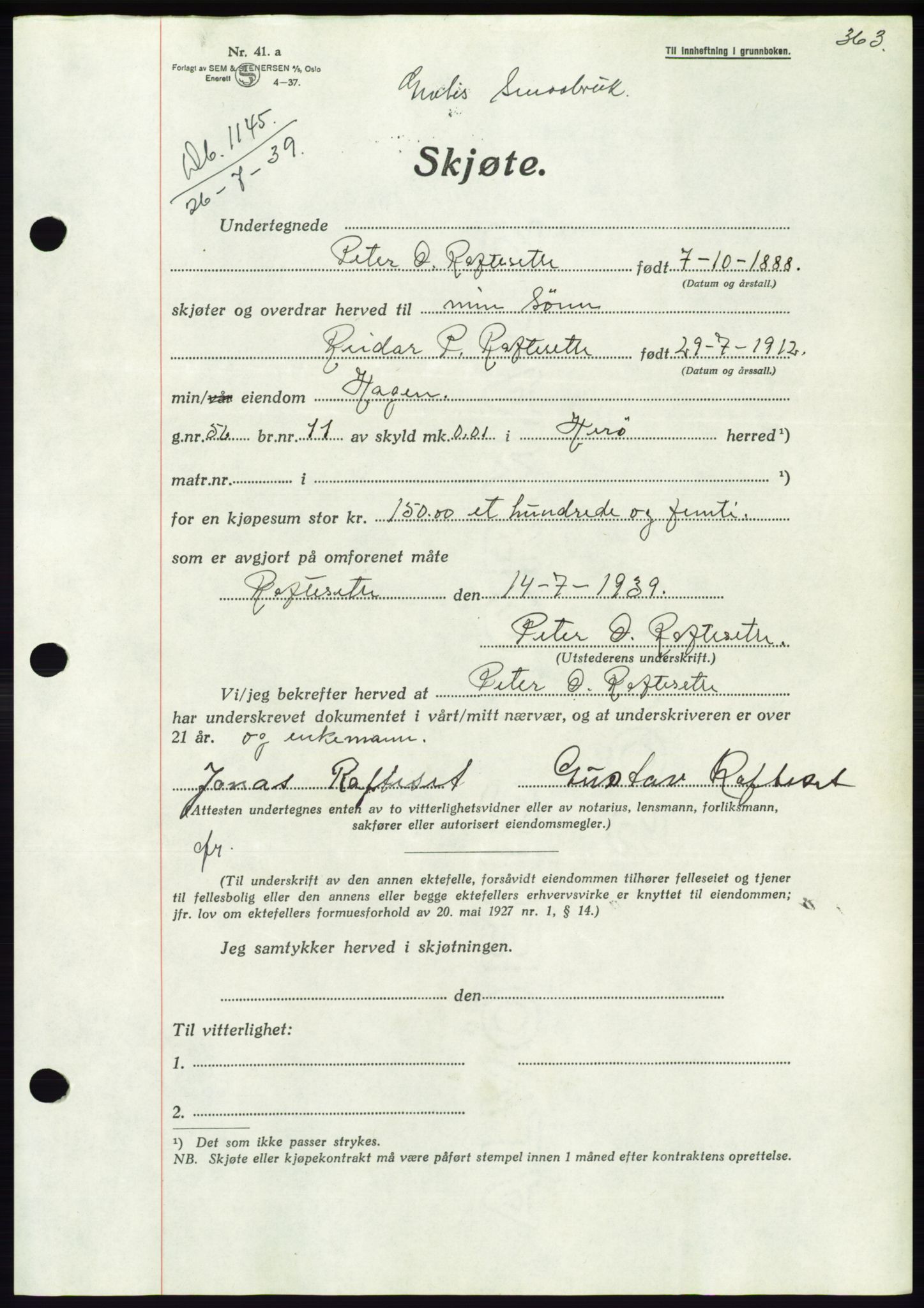 Søre Sunnmøre sorenskriveri, AV/SAT-A-4122/1/2/2C/L0068: Pantebok nr. 62, 1939-1939, Dagboknr: 1145/1939