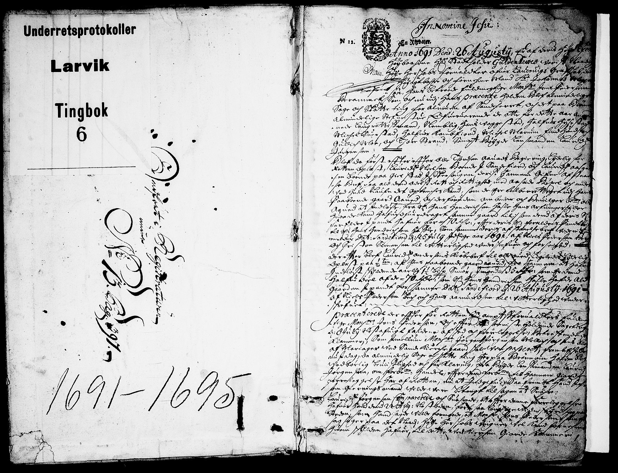 Larvik sorenskriveri, SAKO/A-83/F/Fa/L0006: Tingbok, 1691-1695