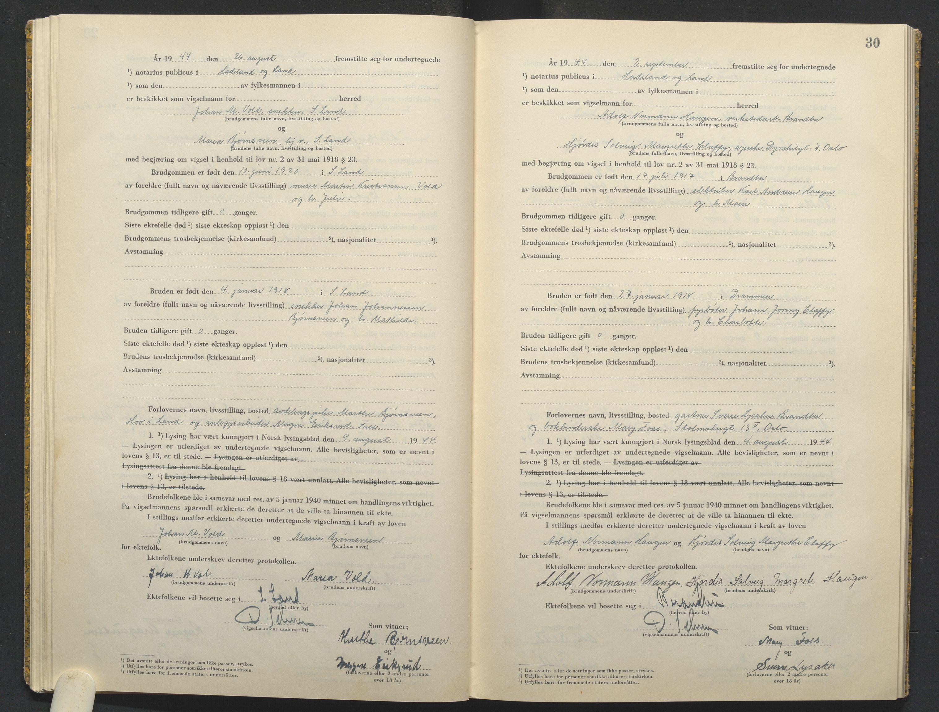 Hadeland og Land tingrett, AV/SAH-TING-010/L/Lb/L0003: Vigselbok, 1944-1946, s. 30