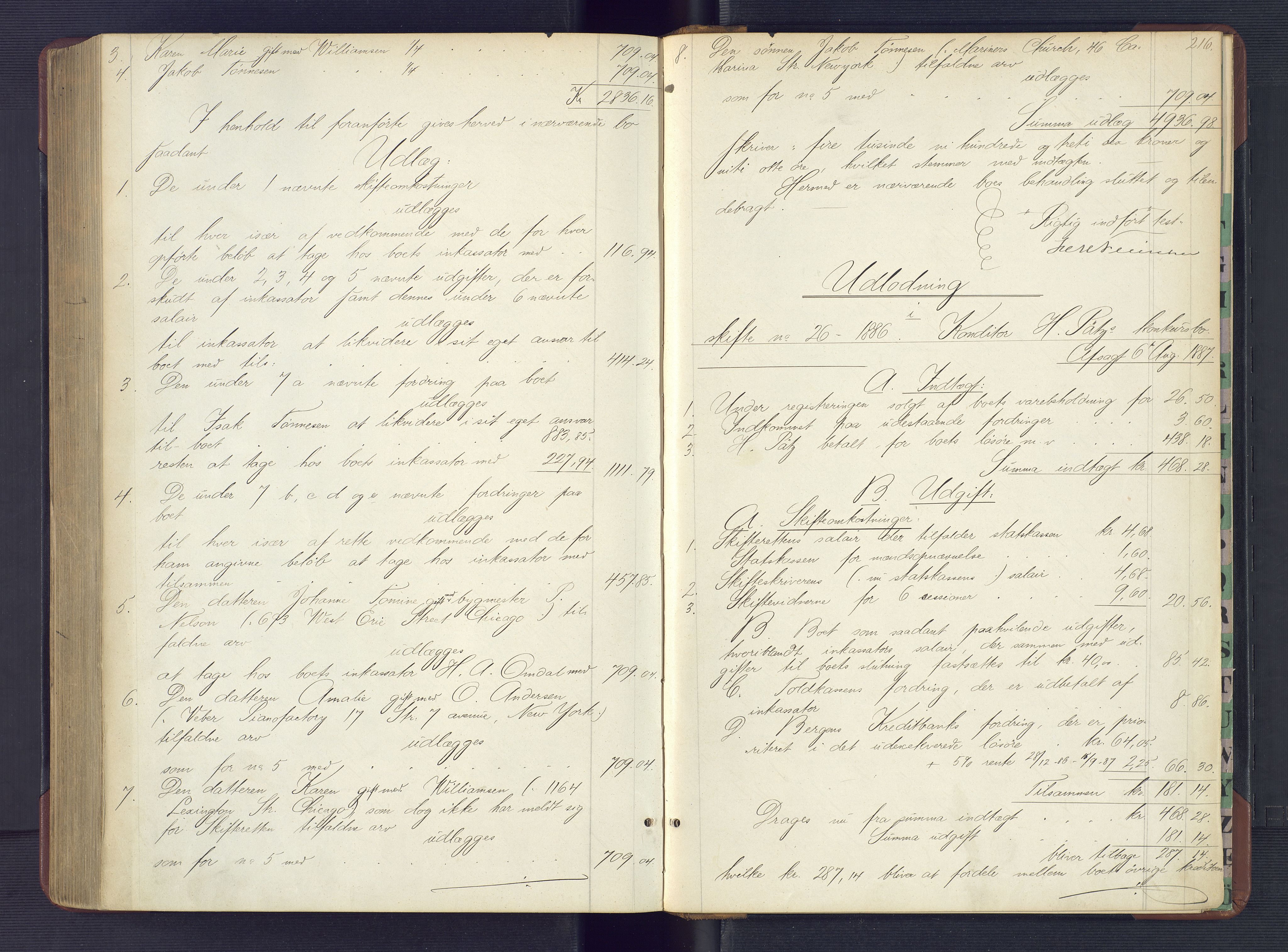 Kristiansand byrett, AV/SAK-1223-0001/H/Hc/L0057: Skifteutlodningsprotokoll nr. 3, med register, 1881-1887, s. 216