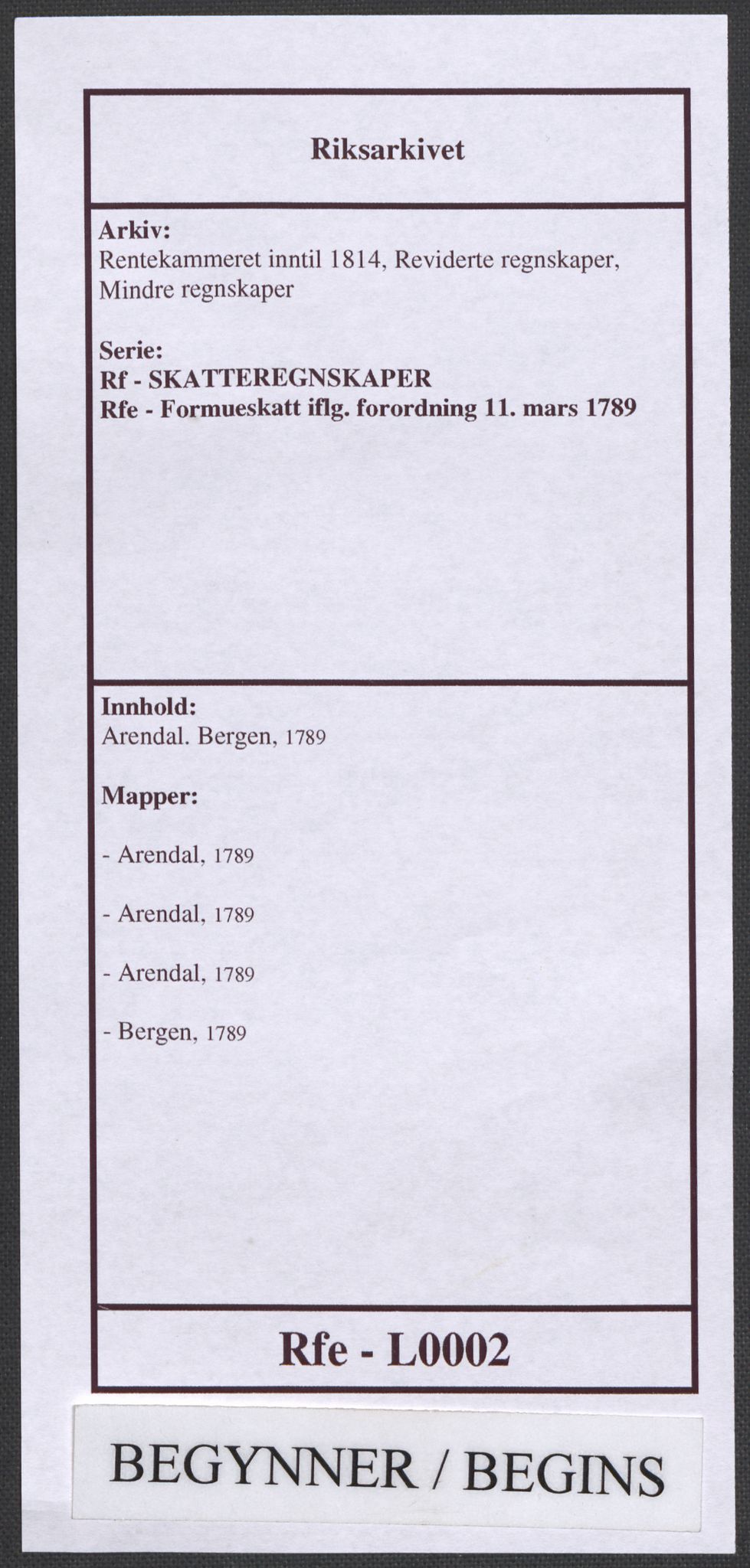 Rentekammeret inntil 1814, Reviderte regnskaper, Mindre regnskaper, RA/EA-4068/Rf/Rfe/L0002: Arendal. Bergen, 1789, s. 1