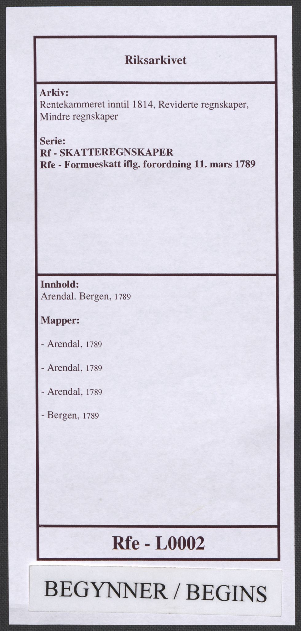 Rentekammeret inntil 1814, Reviderte regnskaper, Mindre regnskaper, AV/RA-EA-4068/Rf/Rfe/L0002: Arendal. Bergen, 1789, s. 1